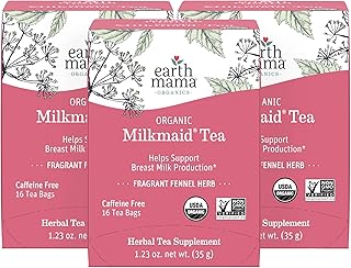 Earth Mama Milkmaid Lactation Tea | 100% Organic, Herbal Breastfeeding Tea Supports Breastfeeding + Breast Milk Supply Production, 16 Teabags Per Box (3-Pack)