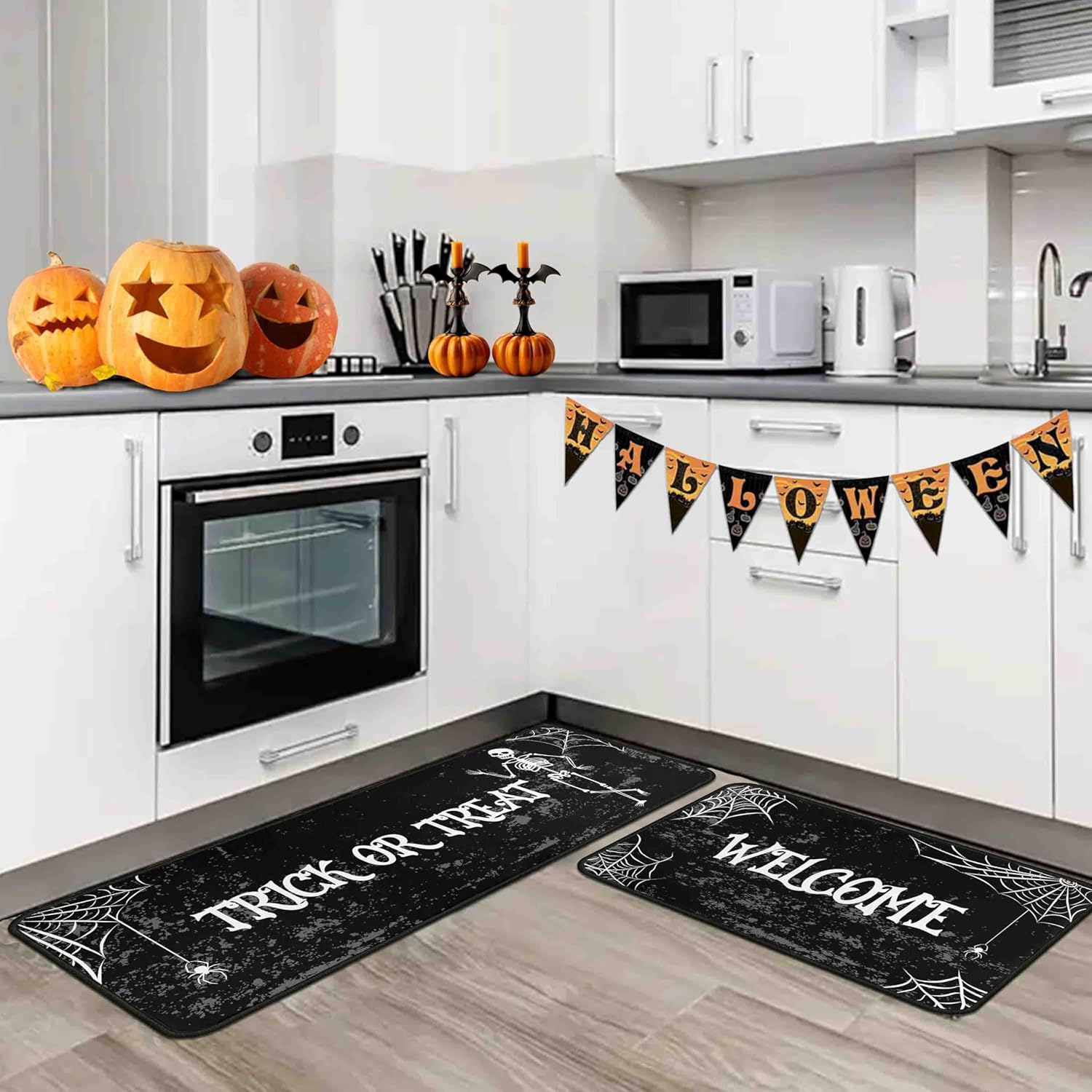 Halloween Skull Kitchen Rugs Set of 2, Trick or Treat Decorations Kitchen Mats, Spider Web Halloween Farmhouse Party Floor Mat for Home Kitchen Decorations 17"x47"+17"x30"