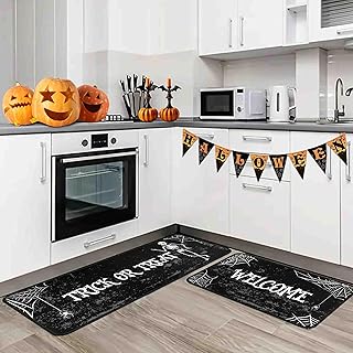 Halloween Skull Kitchen Rugs Set of 2, Trick or Treat Decorations Kitchen Mats, Spider Web Halloween Farmhouse Party Floor Mat for Home Kitchen Decorations 17"x47"+17"x30"