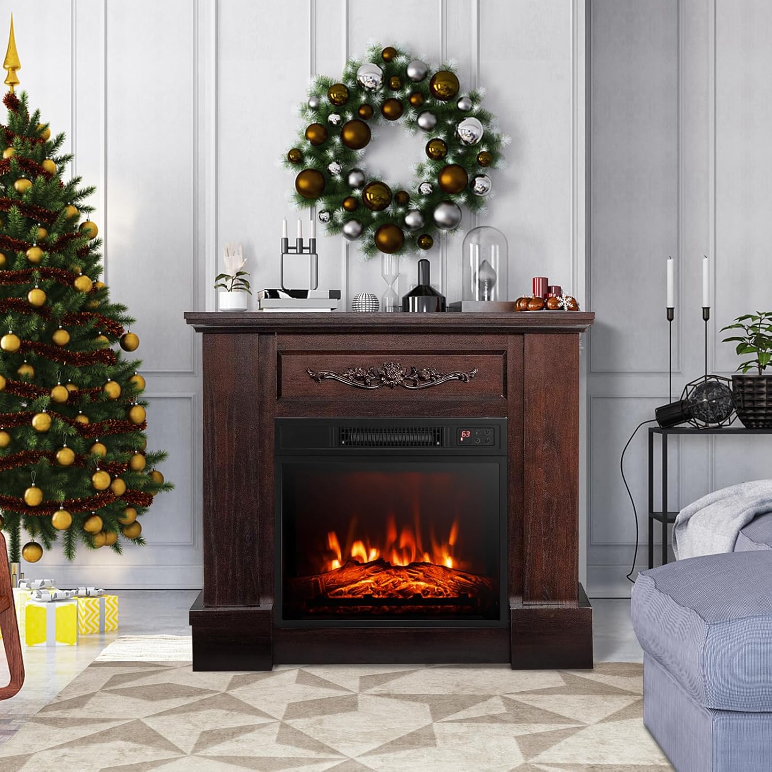 ORALNER 32” Electric Fireplace with Mantel, Package Wooden Firebox Surround Freestanding 18" Fireplace Insert Heater w/ 3 Flame Effects, Remote & 6H Timer, Overheat Protection, 1400W (Brown)