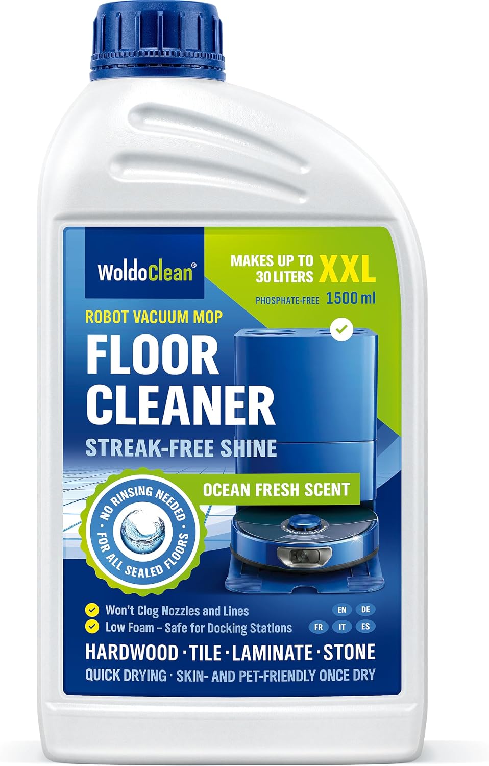 WoldoClean Floor Cleaner for Robot Vacuum & Mop - 1.5L Low Foam Solution