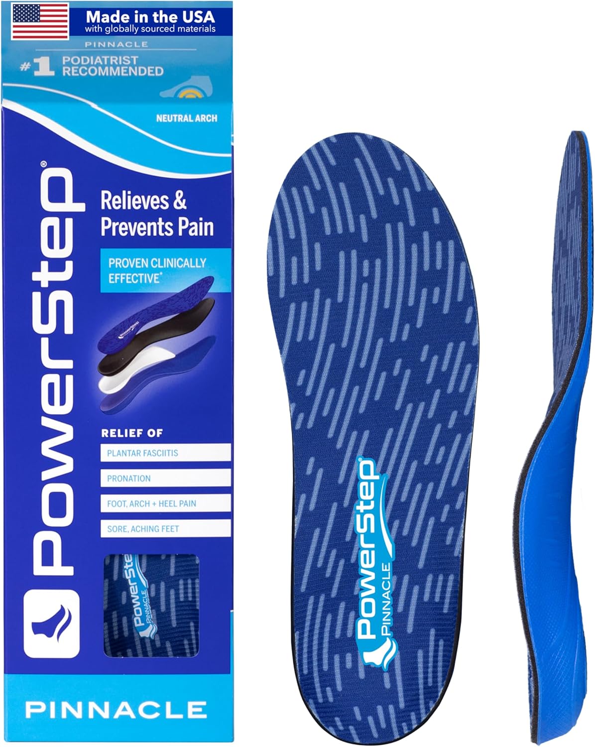 PowerStep Pinnacle Insoles - Orthotics for Plantar Fasciitis Relief – Made in USA Orthotic Insoles for Arch Support with Moderate Pronation - #1 Podiatrist Recommended (M 10-10.5 W 12)