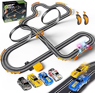 Slot Car Race Track for Kids with 4 Slot Cars, Dual Racing Electric Car Tracks Game Featuring Flash Bridge and Pendulum Toys Gifts for Boys Girls Age 6 7 8 Years Old