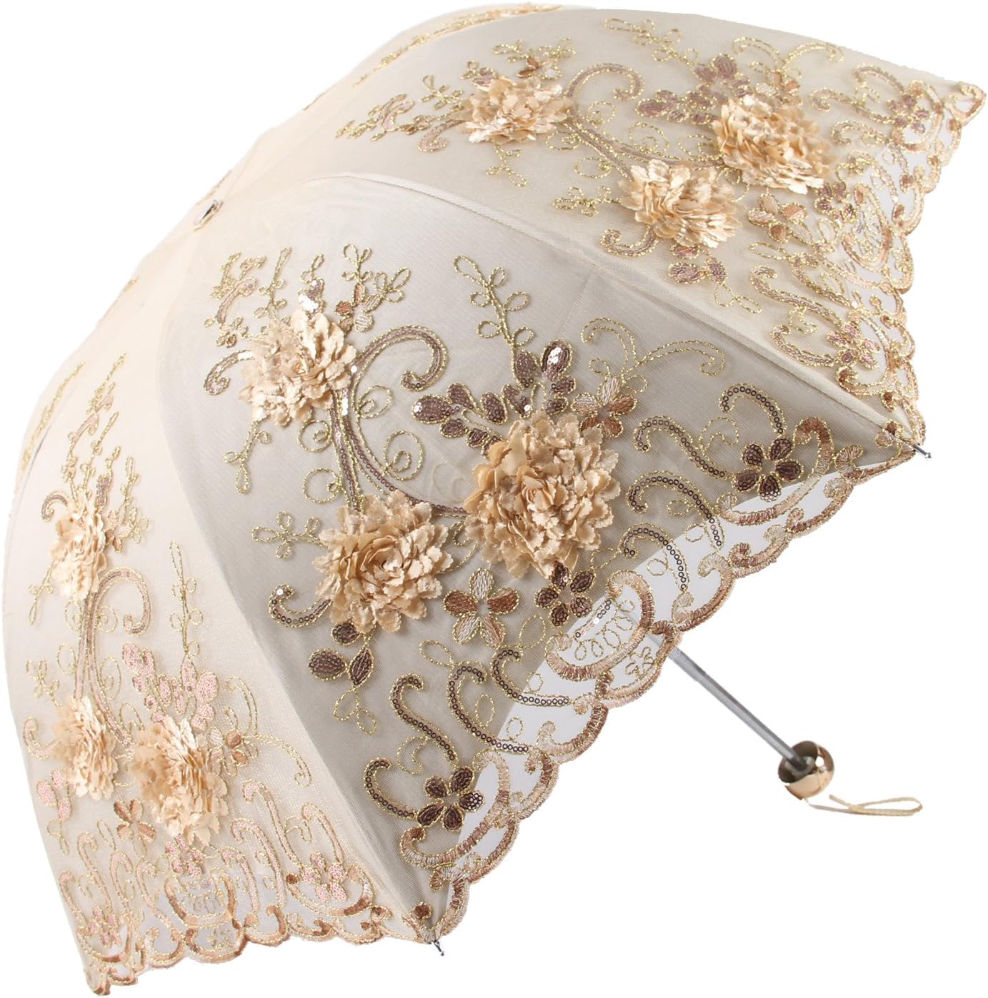 Honeystore Vintage Lace UV Sun Parasol Folding 3D Flower Embroidery Umbrella