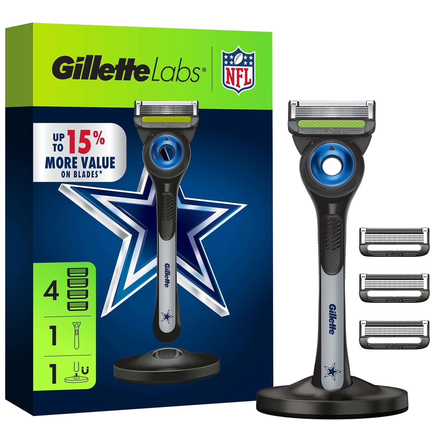 Gillette Labs Special NFL Cowboys Edition Shaving Razor for Men - 1 Handle, 4 Razor Blade Refills & Magnetic Stand, Perfect for Game Day Grooming, GilletteLabs with Exfoliating Bar