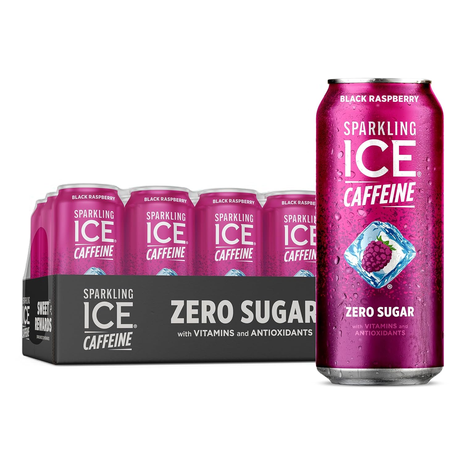 Sparkling Ice Caffeine Black Raspberry Sparkling Water with Caffeine, Zero Sugar, with Antioxidants and Vitamins,16 fl oz Cans (Pack Of 12)