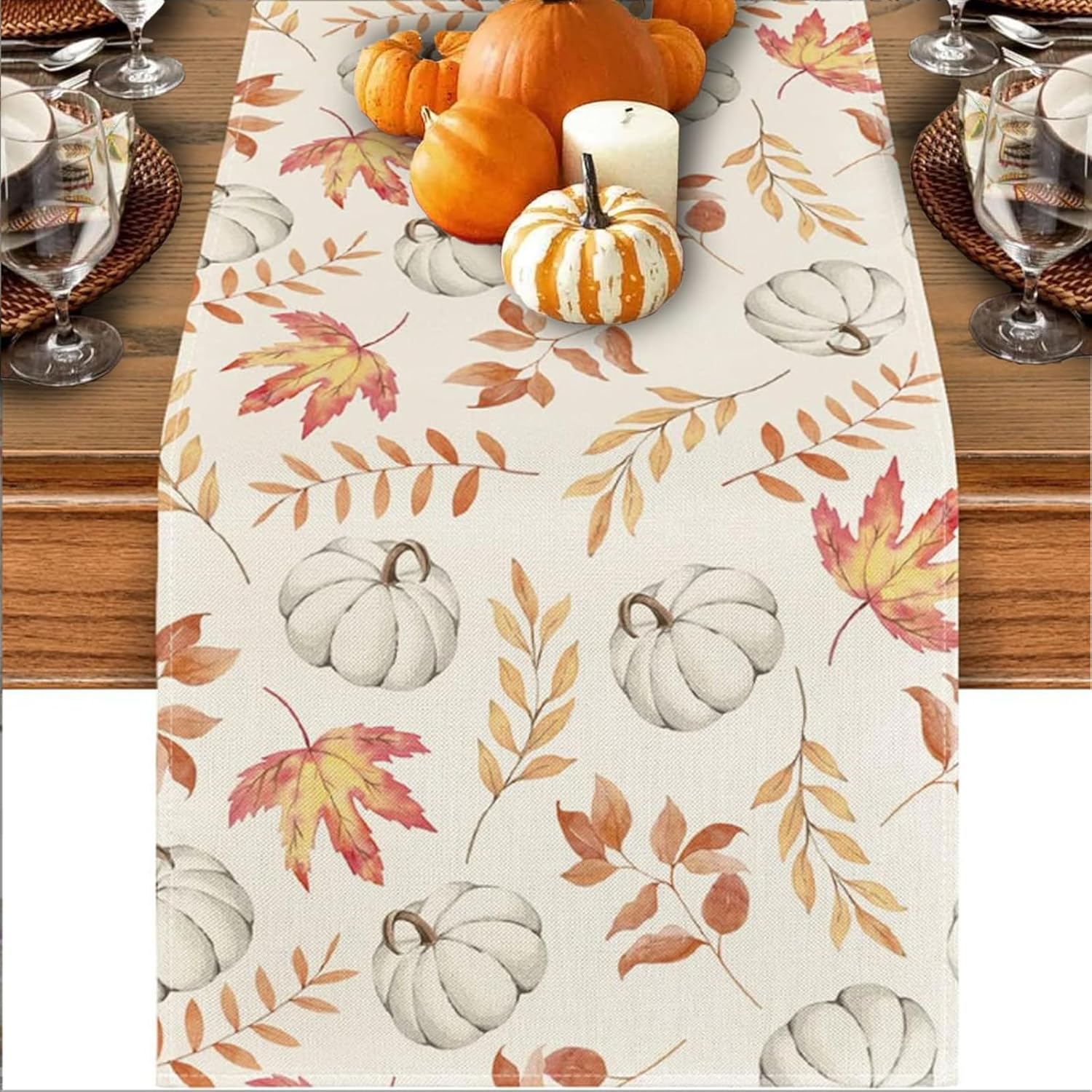 Orange Pumpkins Maple Leaves Autumn Table Runner, Harvest festival decorations，Seasonal Fall Kitchen Dining Table Decoration for Home Party Decor 33x183 cm