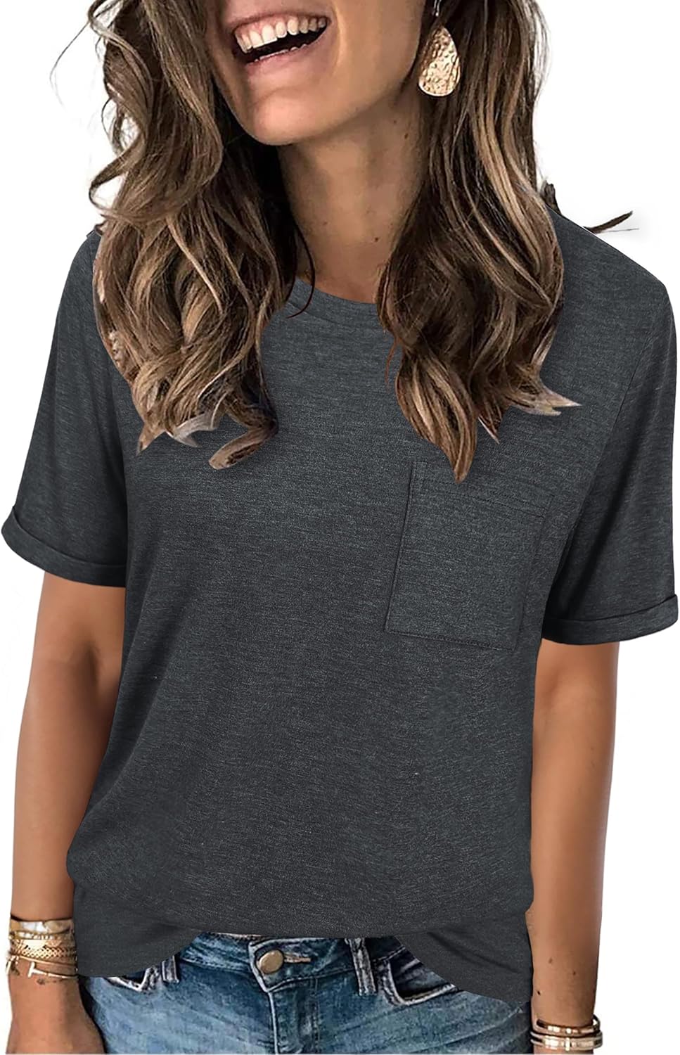 JomeDesign Womens Summer Tops Casual Short Sleeve Shirts with Pocket Lightweight Crew Neck Tee Classic Fit