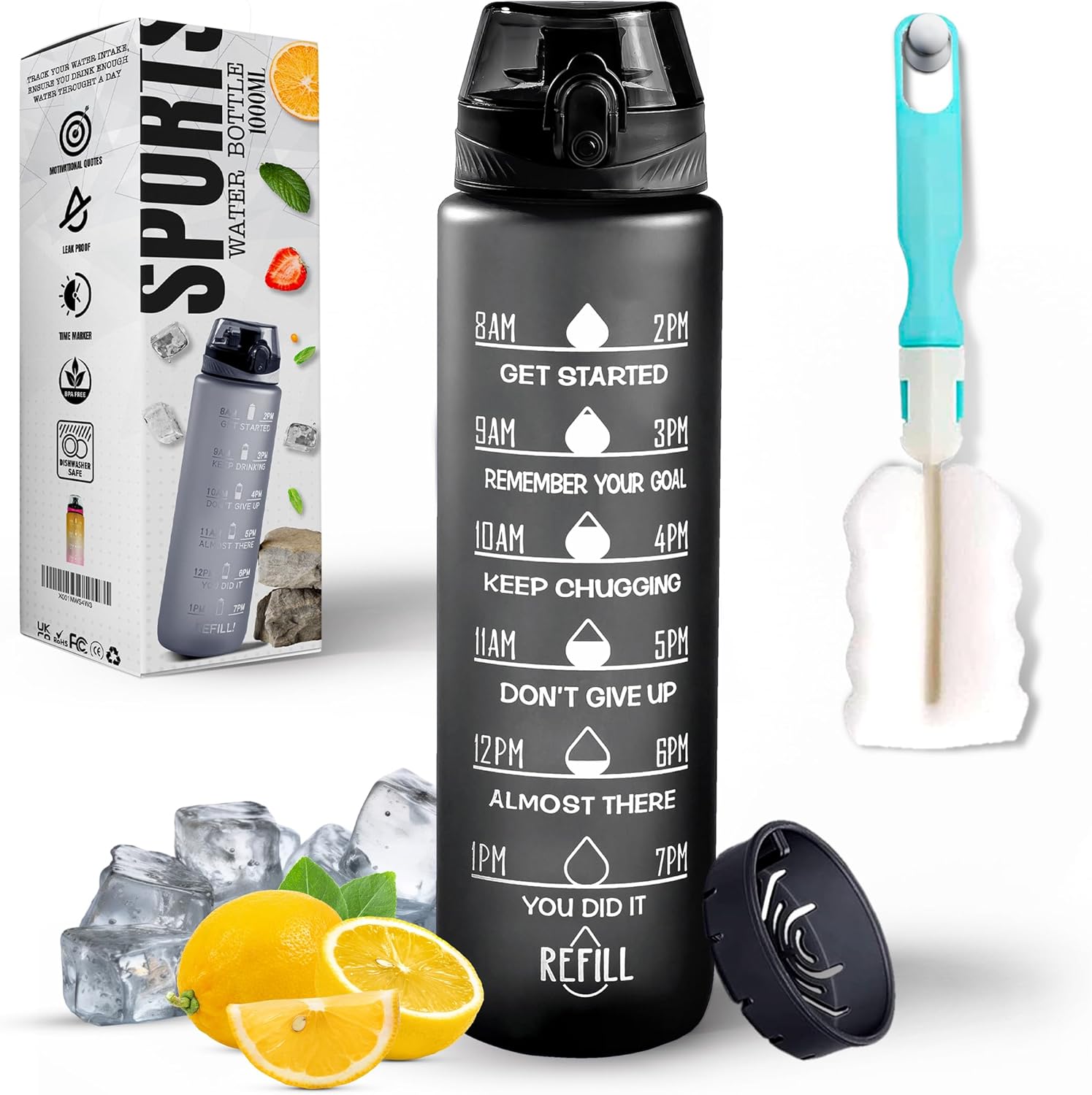 K-MART Water Bottle 1L, Sports Water Bottle with Time Markings, BPA-Free, Leak-Proof Drinks Bottle, Perfect for Running, Cycling, Gym, Yoga, Camping and Outdoor Activities, Black