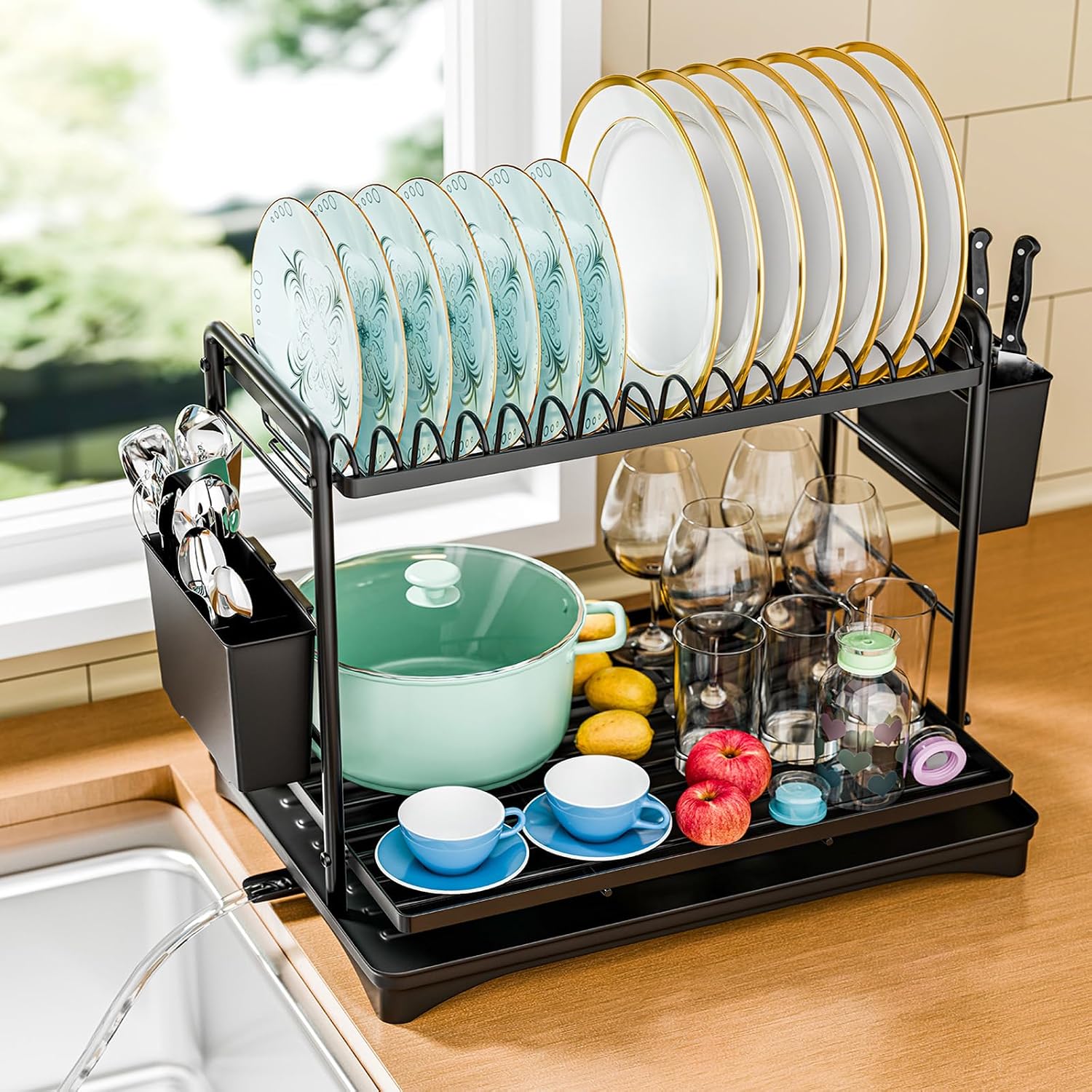 Simple Trending Dish Rack, Dish Drying Rack 2 Tier, Stainless Steel Dish Drainers with Utensil Holder and Drainboard for Kitchen Sink Organizers, 11.875" W x 16.625" D, Black