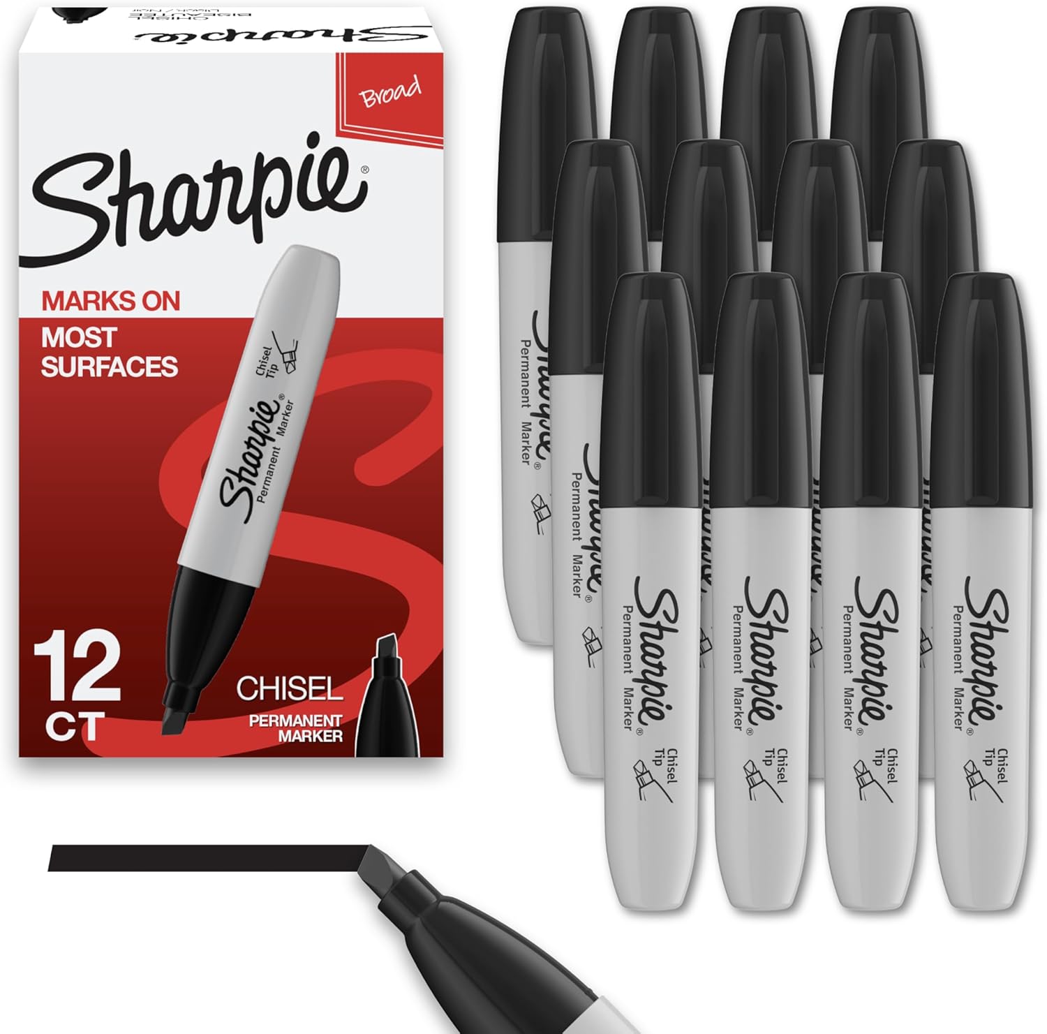 Sharpie Permanent Markers, Chisel Tip Marker Set, Poster Markers, Markers For Wood, Plastic, And More, Black, 12 Count