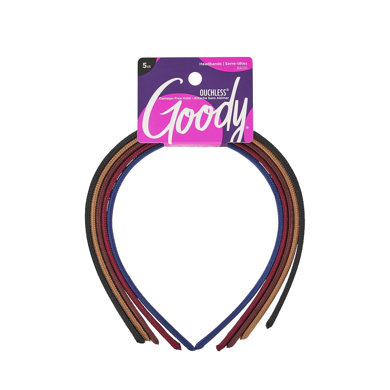Goody Ouchless Shoestring Headbands, 5 Ct, Assorted Colors, Stylish & Lightweight Thin, Damage-Free Fabric Headbands for Women & Men, All-Day Comfort, For All Occasions, All Hair Types