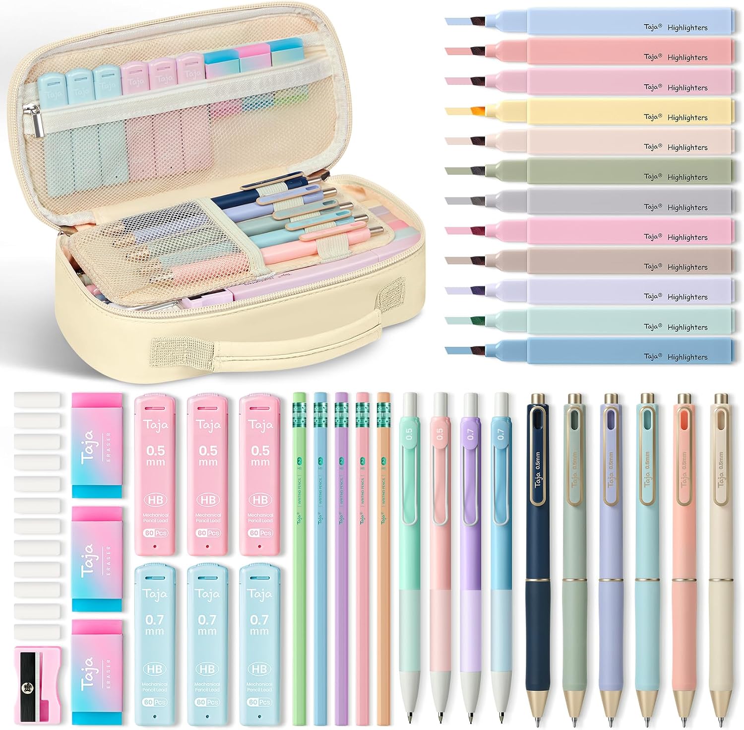 Taja Cute Pencil Case With School Supplies, 39 PCS, Stationery Set, Beige