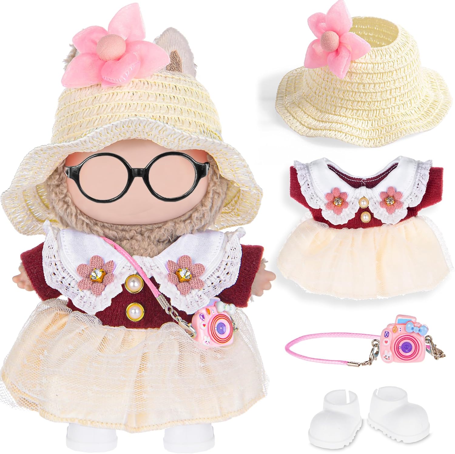 iBayda 17cm Chic Doll Clothes Dress & Accessories Set Include: A Straw Hat, Dress, Flower Hairpin, Shoes and Bag (Doll and Glasses are Not Included)
