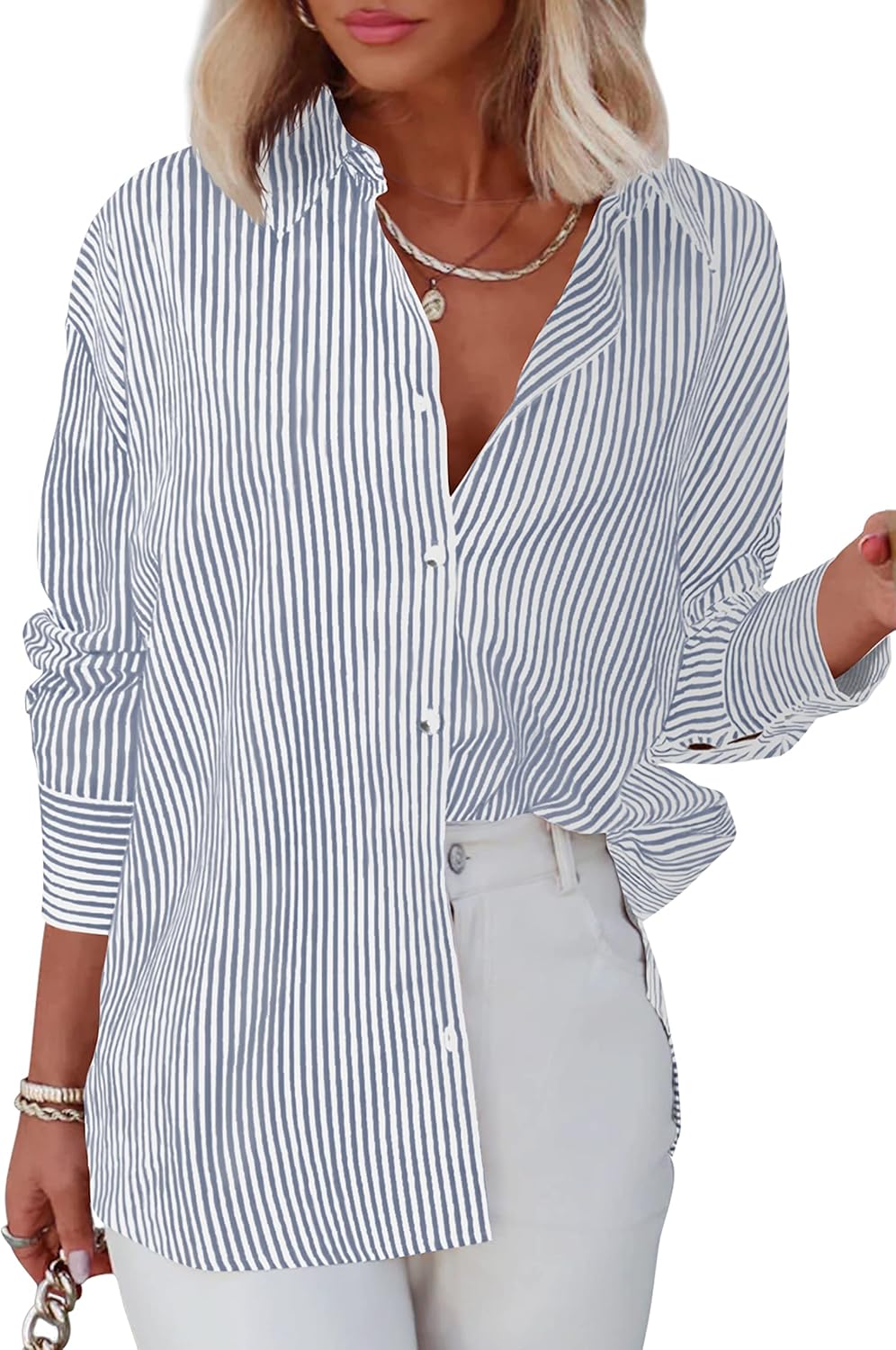 Diosun Womens Striped Button Down Shirts Classic Long Sleeve Stylish Collared Office Work Blouses Tops