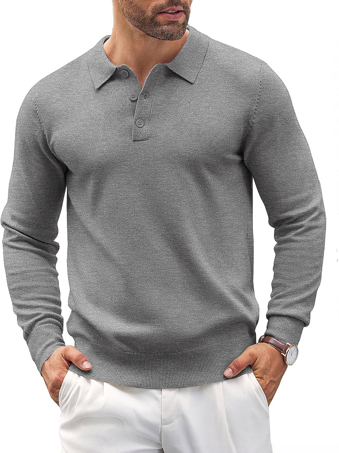COOFANDY Mens Polo Jumper Long Sleeve Poloshirts Knitted Sweater Basic Sweatshirts Warm Pullover Solid Color