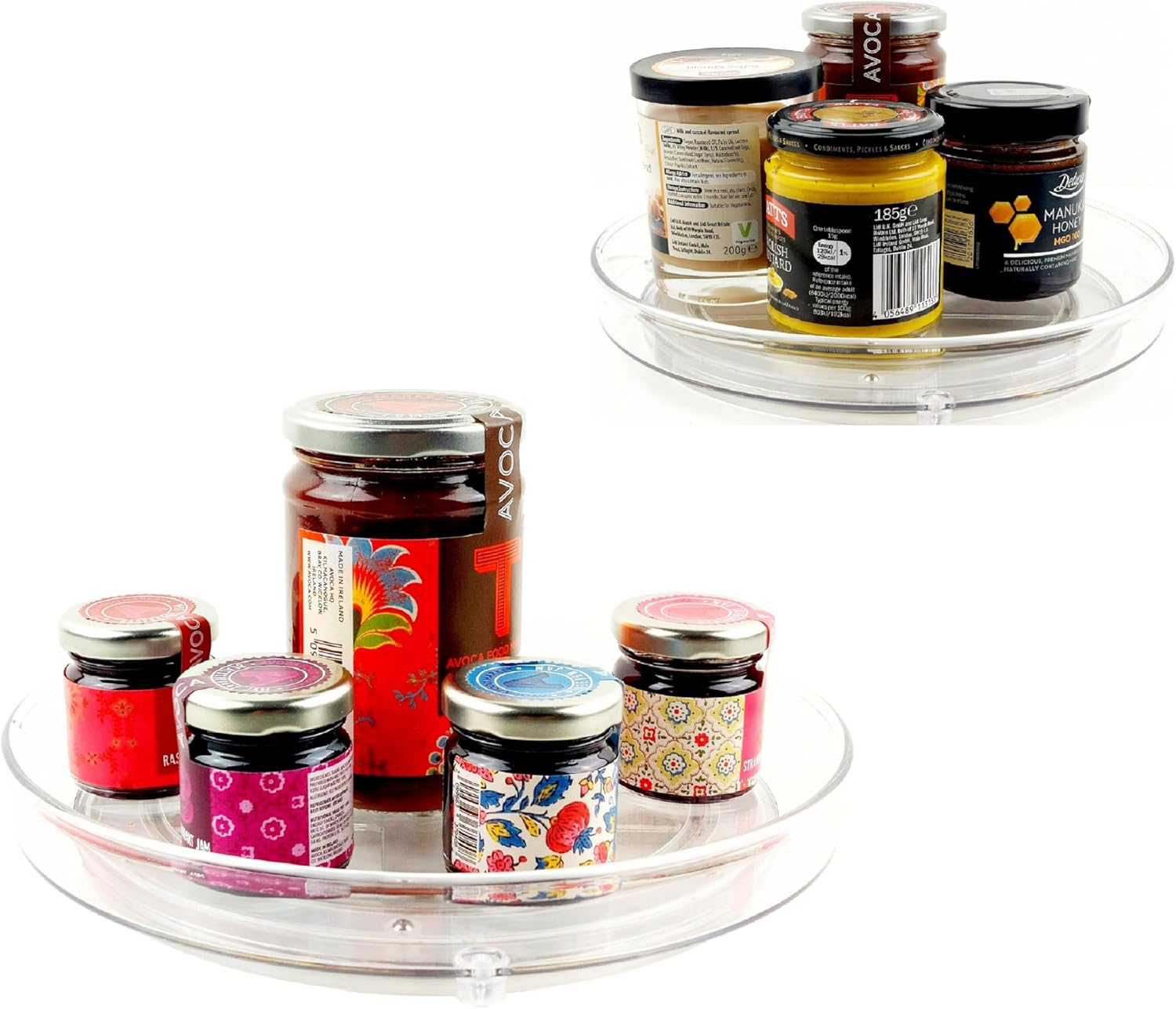 SOUS MIRAS Lazy Susan Turntable – 360° Rotating Clear Acrylic Spice Rack & Condiment Tray, Non-Slip Kitchen Storage Organiser for Cabinet, Pantry, Fridge & Table - Set of 2 (Large & Small)