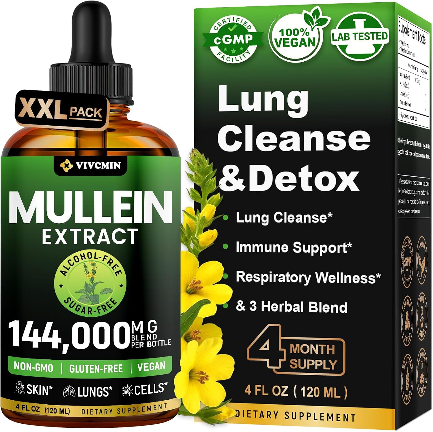 vivcmin Mullein Drops for Lungs, 120 Servings, Lung Cleanse Detox, 4 fl oz