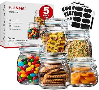 EatNeat Set of 5 Glass Storage Jars - Glass Canister w/Bail & Trigger Clasp Lid - Premium Food Storage and Canning Jars for Pantry Organization - Versatile Containers in Assorted Sizes, 17oz to 68oz
