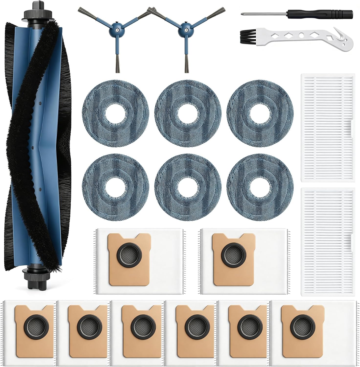 21 Pack Replacement Accessories Kit Compatible with eufy Omni C20, 8 Dust Bags, 6 Mop Pads, 2 Filters, 2 Side Brushes, 1 Roller Brush, Screwdriver and Cleaning Brush