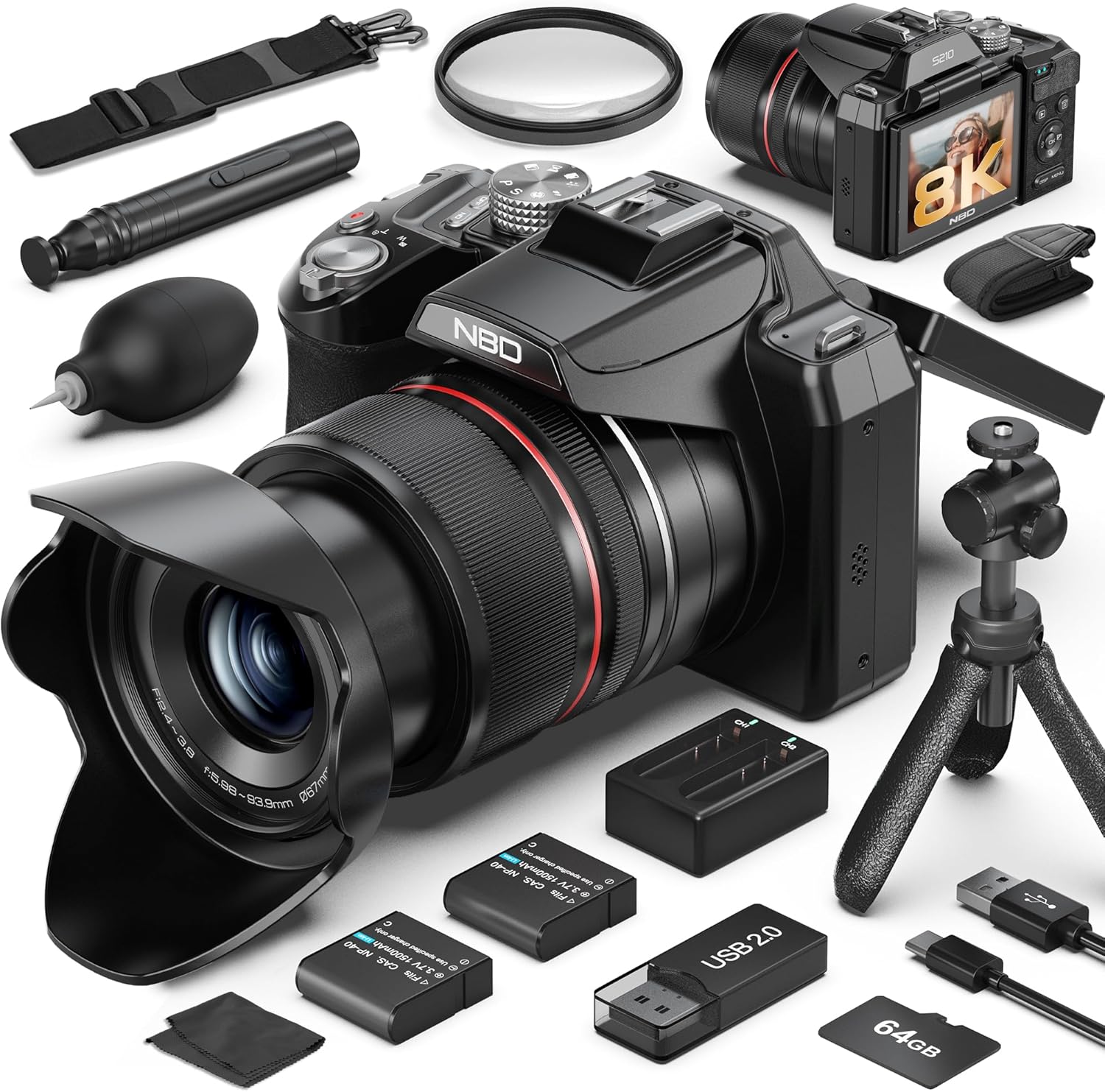8K&64MP Digital Cameras for Photography, 16X Optical Zoom, 180° Flip Screen, 64GB Card & 2 Batteries, Vlogging Camera for YouTube (Black)