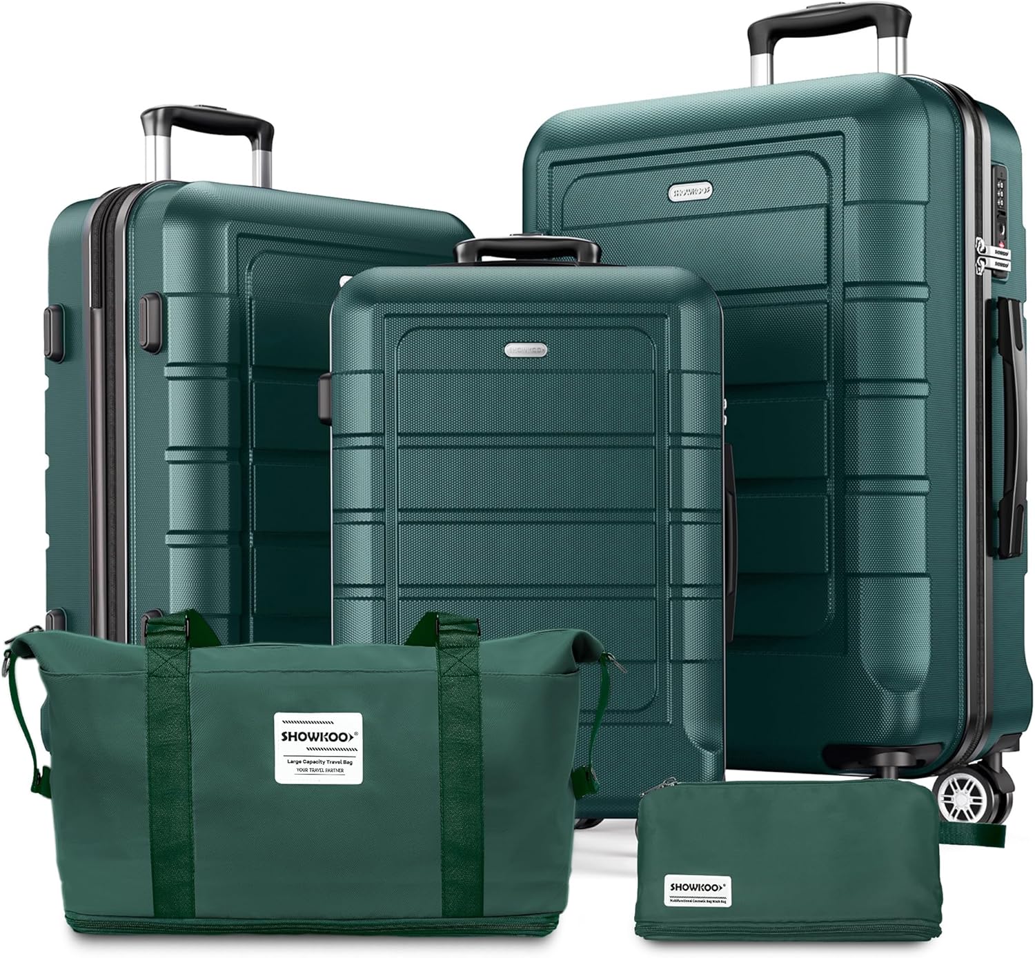 SHOWKOO Suitcase Sets 5 Piece Hardshell PC+ABS Expandable Lightweight Durable Travel Luggage with Travel Duffels Bag + Toiletry Bag -Green
