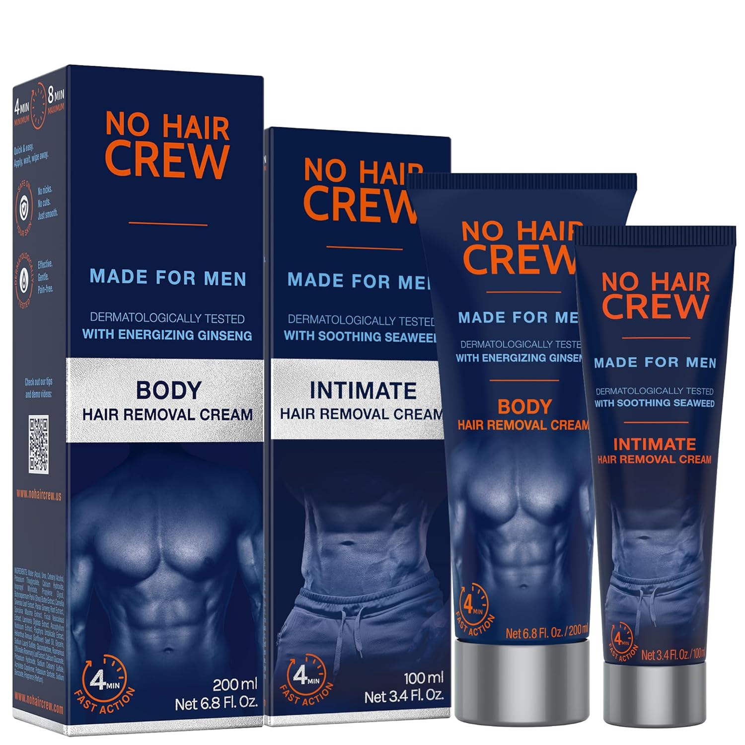 No Hair Crew | Intimate & Body Male Hair Removal Cream Bundle | Painless, Flawless, Soothing Depilatory for Manscaping Unwanted Coarse Male Hair