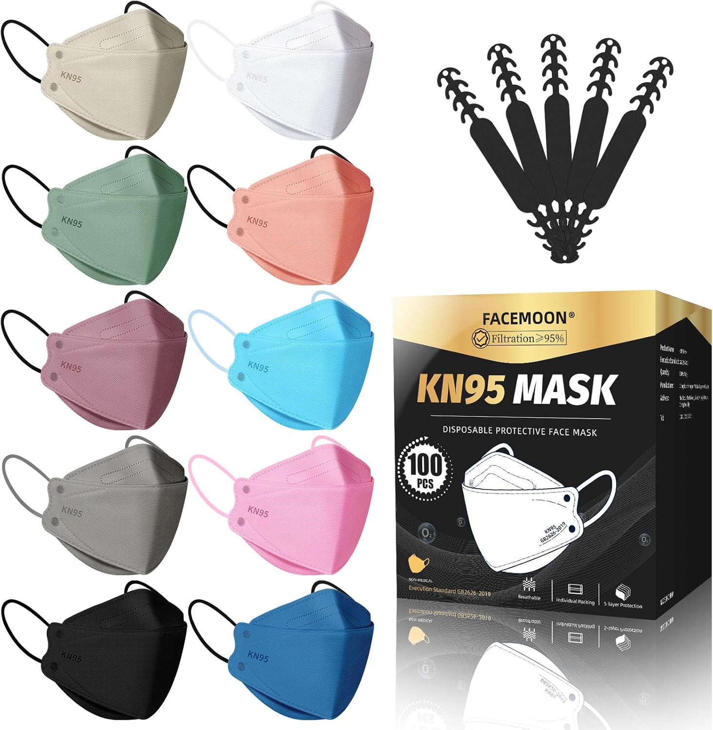 KN95 Face Mask Disposable Adults - 100 Pack Adjustable 5 Layer Protection KN95 Face Mask Breathable Comfortable Respirator KN95 Mask Individually Wrapped Women Men