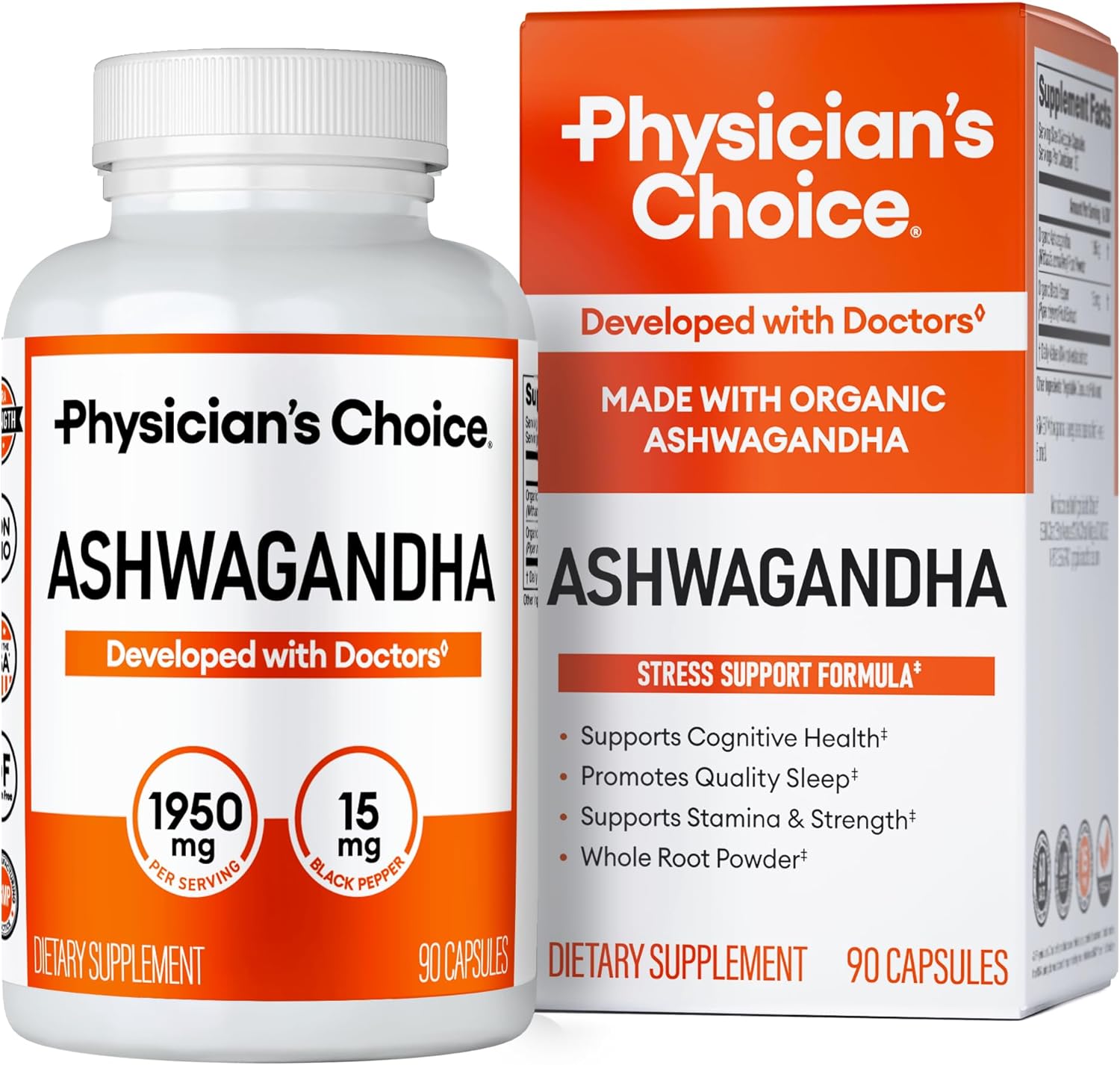 Physician's CHOICE Ashwagandha Supplement - 1950mg of Bioavailable Organic Ashwagandha Root Powder - Black Pepper Extract, Stress Support, Mood Support Supplement, 90 Veggie Ashwagandha Capsules