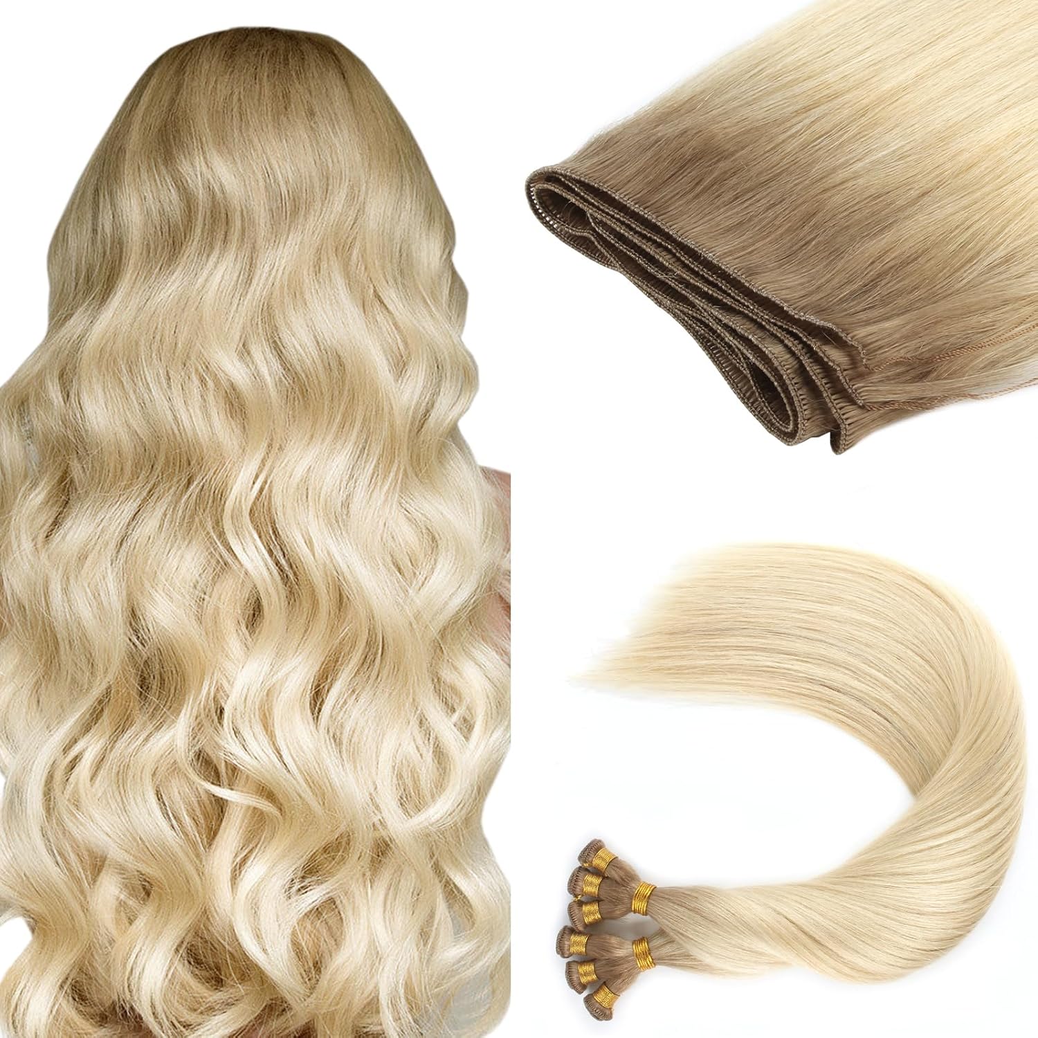 ABH AMAZINGBEAUTY HAIR Sew in Rooted Hand Tied Weft Hair Extensions, Weft Hair Extensions Human Hair Weave in Extensions for Women, Platinum Blonde With Ash Brown Base Color R8-60, 50 Gram, 20 Inch
