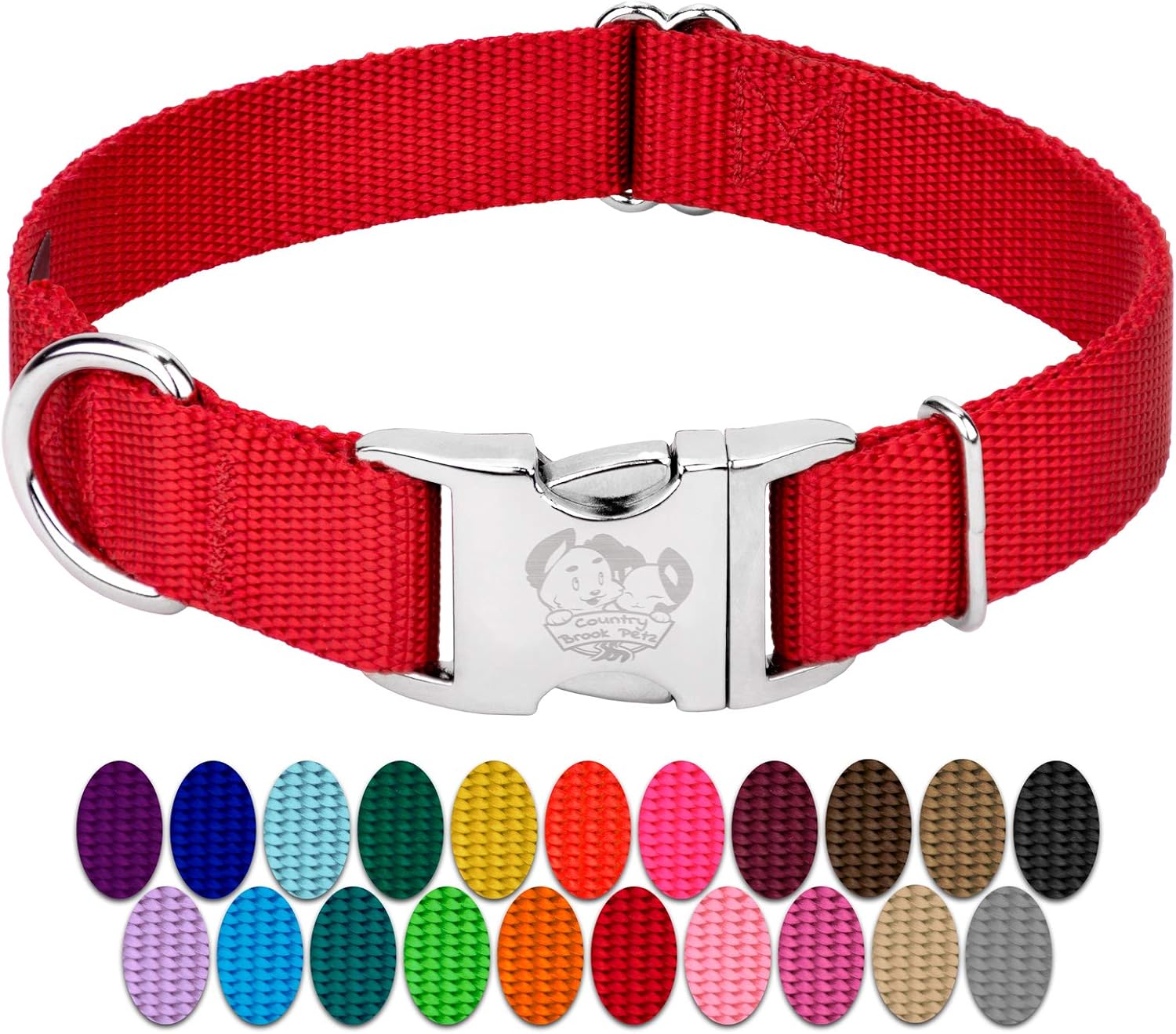 Country Brook Petz Premium Nylon Dog Collar with Metal Buckle for Small Medium Large Breeds - Vibrant 30+ Color Selection (Extra Large, 1 Inch, Bright Red)