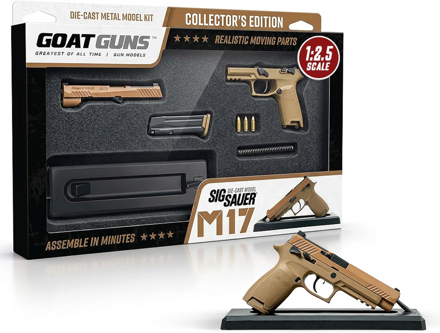 GOAT GUNS M17 Pistol | 1:2.5 Scale Diecast Metal Desktop Replica, Tan | Compact Non-Firing M17 Replica for Desk Display, Man Cave & Gaming | Collectible Pistol Model Kit for Adults