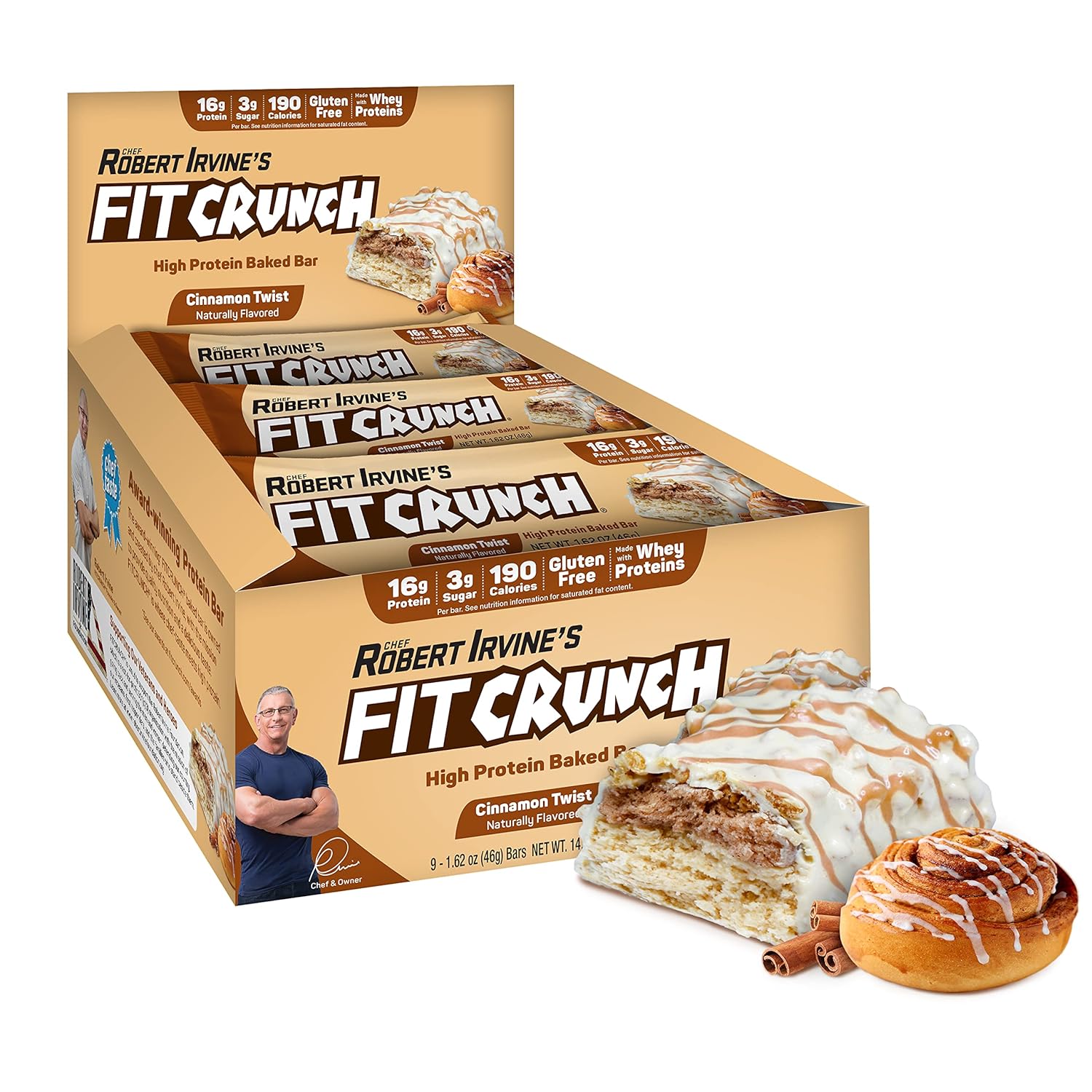 FITCRUNCH Snack Size Protein Bars, 6-Layer Baked Bar, 3g of Sugar & Soft Cake Core (9 Bars, Cinnamon Twist)