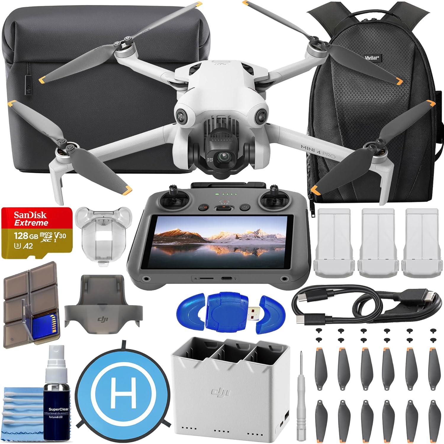 DJI Mini 4 Pro Fly More Combo Plus with DJI RC 2 (Screen Remote), CP.MA.00000740.01 Folding Mini-Drone with 4K HDR Under 249g, 45 Mins Flight Time, Vision Sensing + 128GB Memory, Landing Pad + More