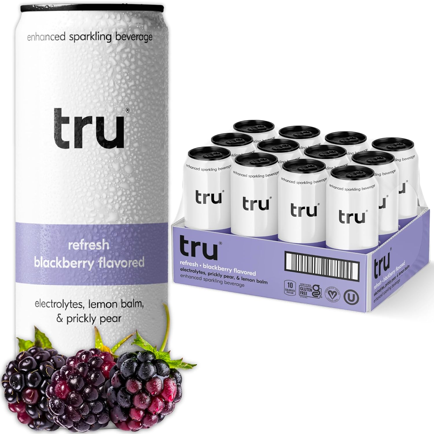 Tru Refresh Seltzer, Sparkling Water with Electrolytes, Prickly Pear, Lemon Balm & Real Blackberry Juice, Sweetened with Monk Fruit & Stevia, Gluten Free, Vegan, Caffeine Free, 12 FL OZ Cans, 12 Pack