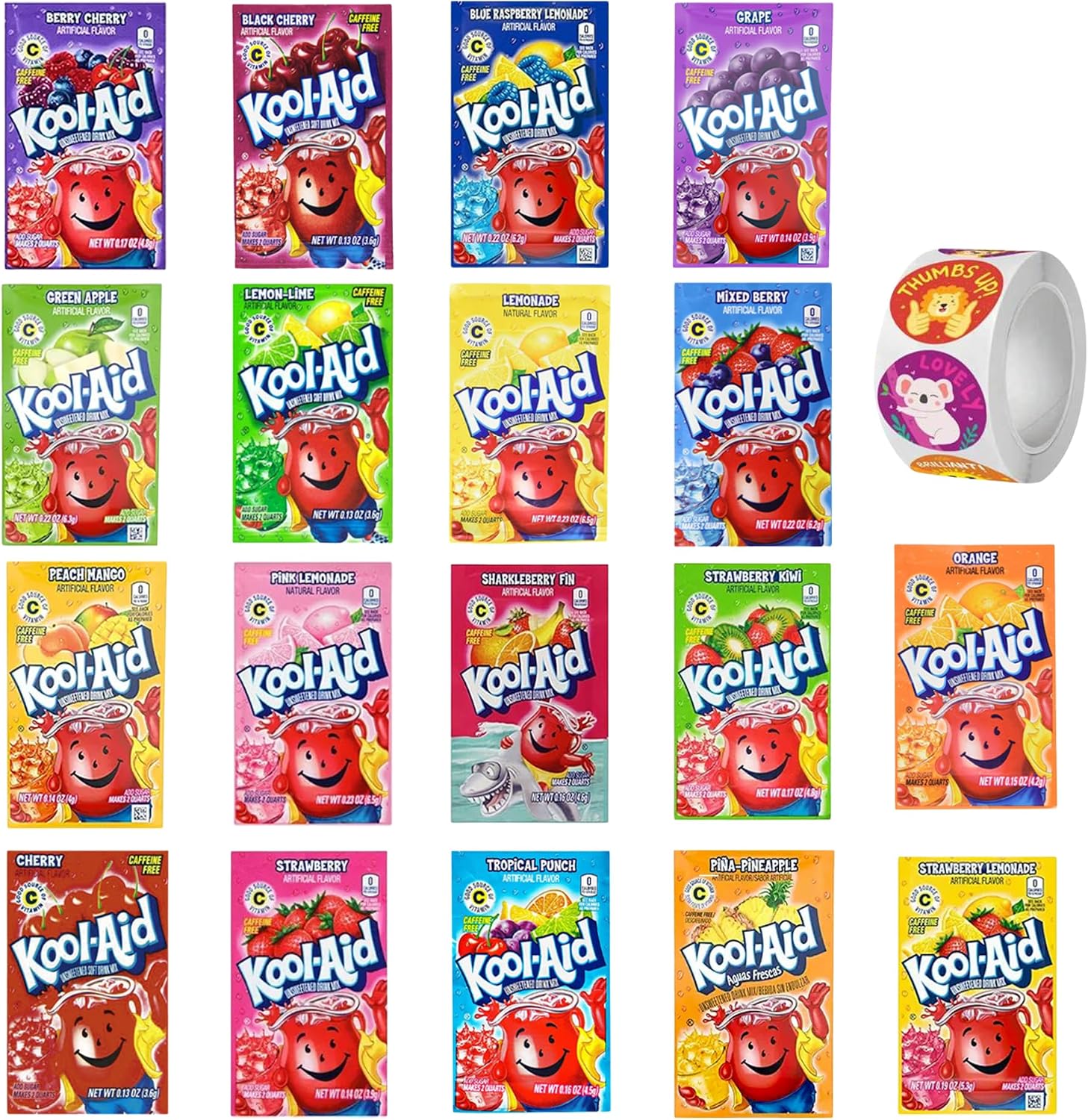 Kool Aid Packets Ultimate Variety - 18 Drink Mix Packets - Includes Cherry, Grape, Lemonade, Mixed Berry, Strawberry, Tropical Punch and more PLUS 5 STICKERS by D.F. LUXURY