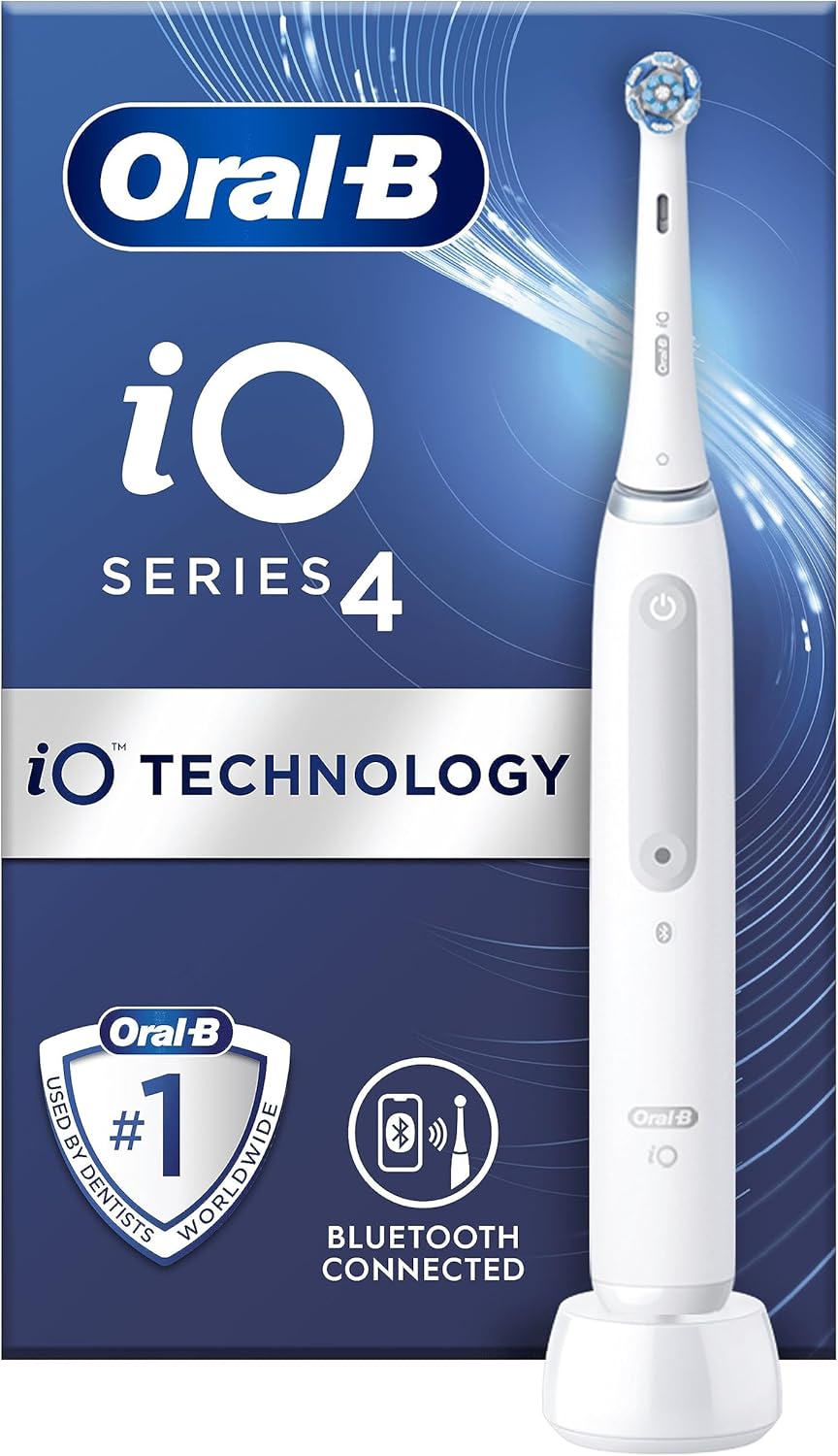 Oral-B iO4 Electric Toothbrushes For Adults, Oral B Electric Toothbrush, 1 Toothbrush Head, 4 Modes With Teeth Whitening, Electric Toothbrush Adults, UK 2 Pin Plug, White, Oral B Io Toothbrush