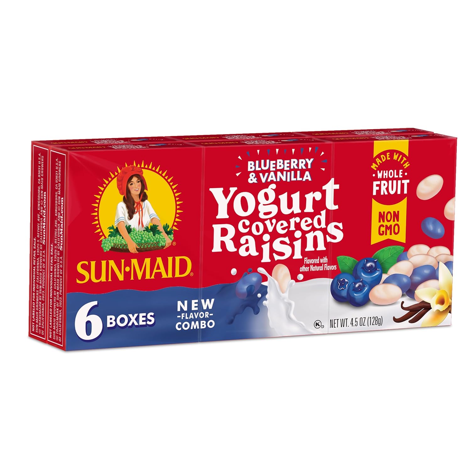 Sun-Maid Blueberry & Vanilla Yogurt Coated Raisins - (6 Pack) 1 oz Snack-Size Box - Yogurt Covered Dried Fruit Snack for Lunches and Snacks