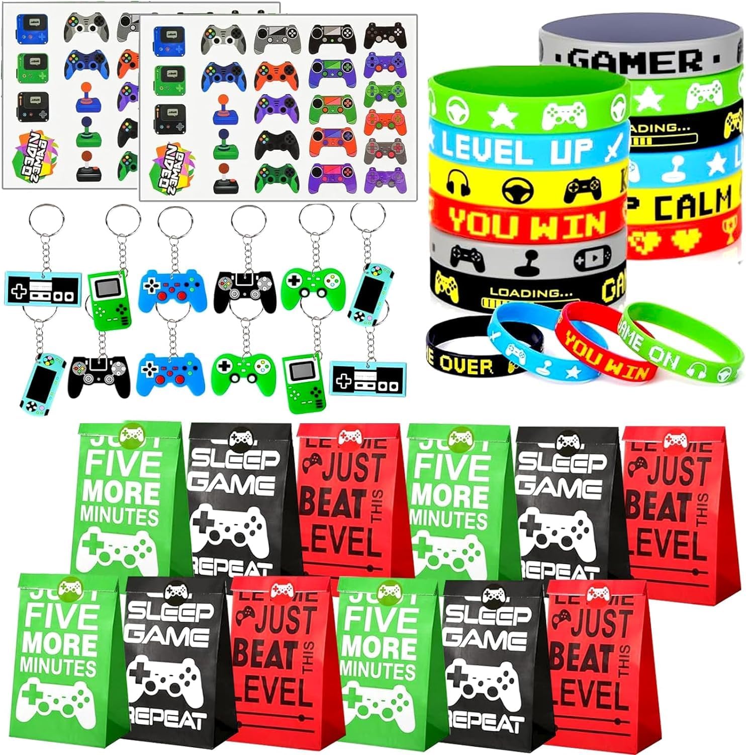 LGUZAKO Video Game Party Bag Fillers for Kids Unisex, Filler Birthday Party Gifts Favors for Kids with Party Bags, Slap Bands, Keychains, Luminous Tattoos, suit for Boys Girls