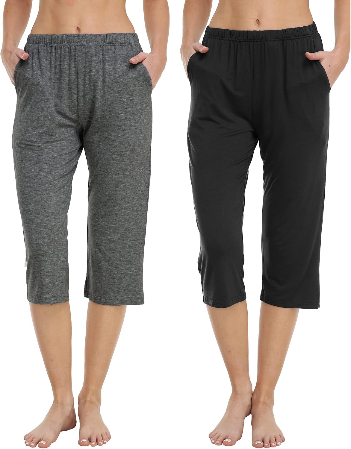 JINSHI Womens 2 Pack Cropped Pyjama Bottoms Soft Capri Lounge Sleep Pants