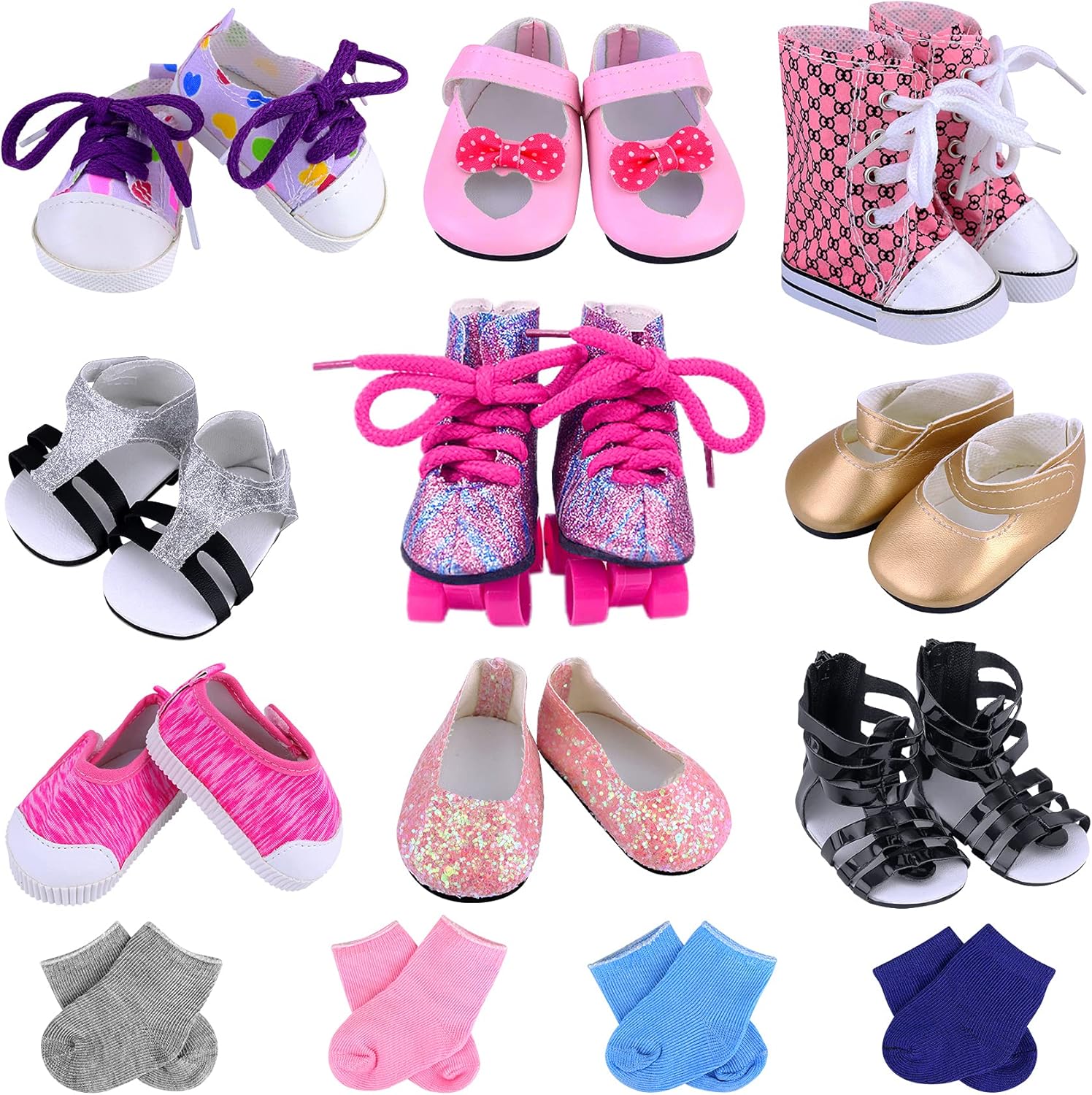 Ecore Fun 18 Inch Girl Doll Accessories Includes 9 Pairs of Shoes and 4 Pairs of Random Color Socks Fit for 18 Inch Girl Doll - Sandals, Casual and Canvas Shoes, , Roller Skates ect