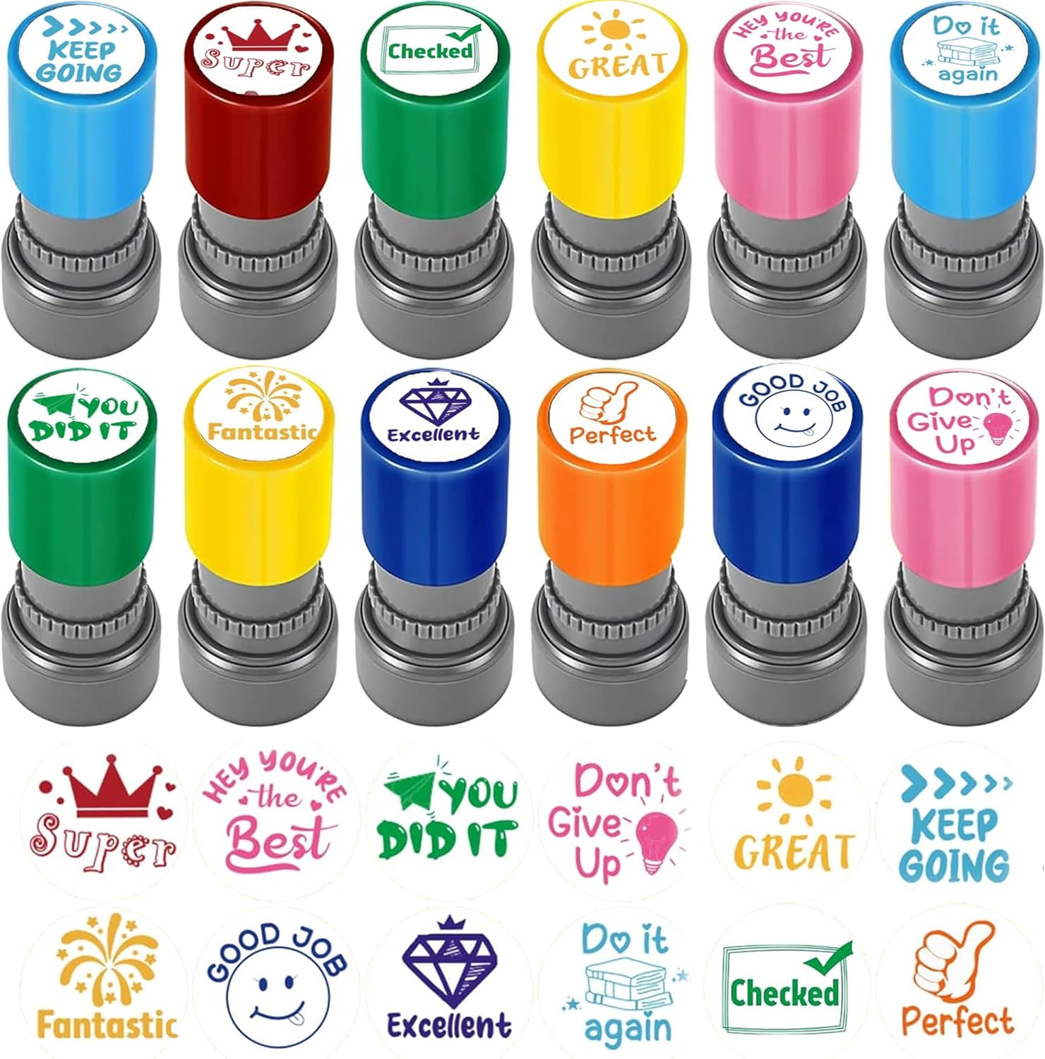 SQAQS 12PCS Teacher Stamps, Rich Variety, Teacher Reward Stamp, Photosensitive Stamps, Assorted Stamps for Teachers Self Inkling, Personalised Cartoon Characters Teacher Gift Student, Set B