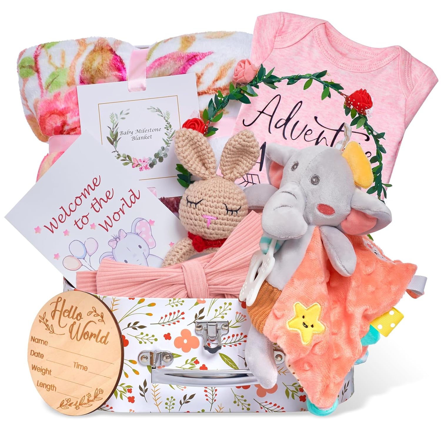 Baby Girl Gifts,Baby Shower Gifts for Girls,New Born Baby Girls Gift Sets,Welcome Baby Girl Gift Basket,Baby Milestone Blanket,Unique Baby Gift Essentials,Gender Reveal Gifts, Rattle Lovey Blanket