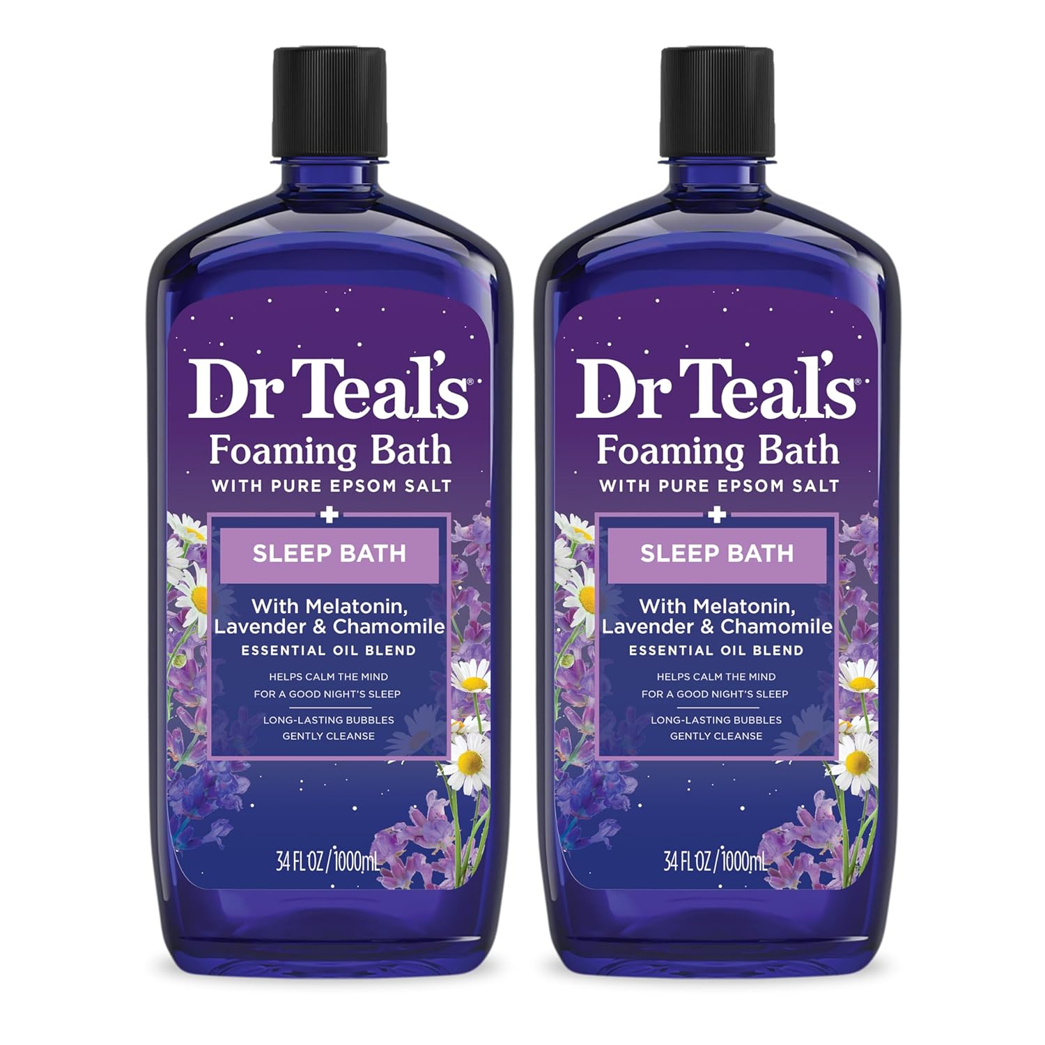 Dr Teal's Foaming Bath with Pure Epsom Salt, Sleep Blend with Melatonin, Lavender & Chamomile Essential Oils, 34 fl oz (Pack of 2)