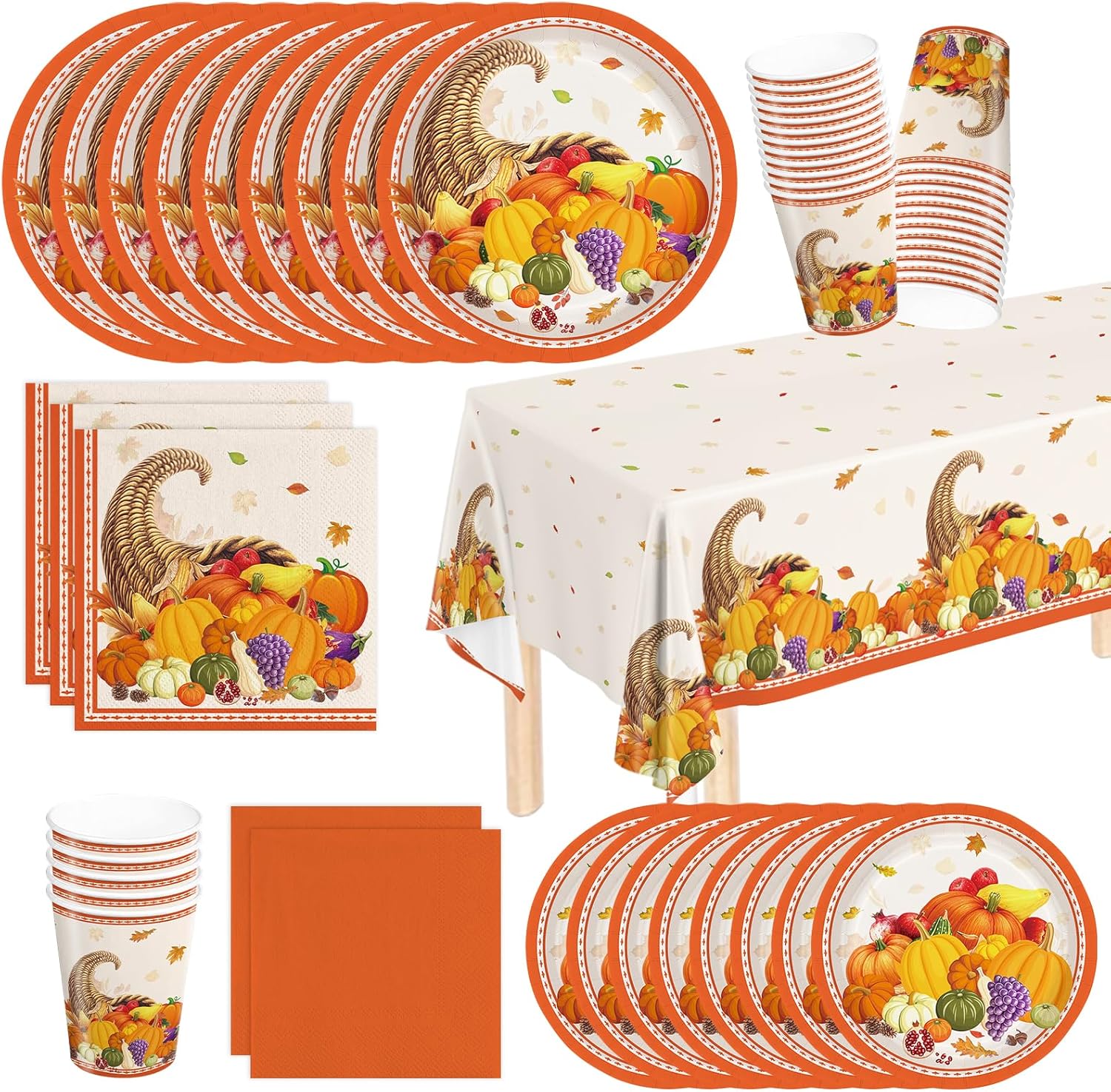 121pcs Thanksgiving Party Plates Napkins Fall Pumpkin Harvest Party Supplies Paper Tableware Set Dessert Plates Cups Tablecloth Cornucopia Autumn Party Supplies Serves 30