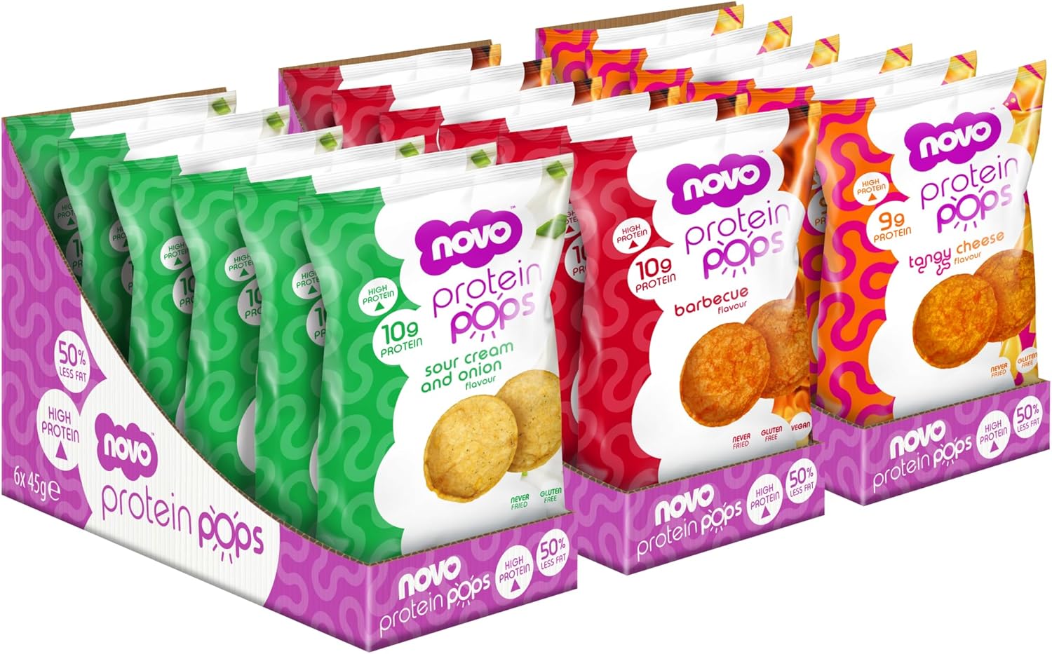 Novo Nutrition | Protein Pops | Healthy Savoury Snack with High Protein, Low Sugar and High Fibre | 3 x (6 x 45g) | BBQ, Tangy Cheese, Sour Cream and Onion