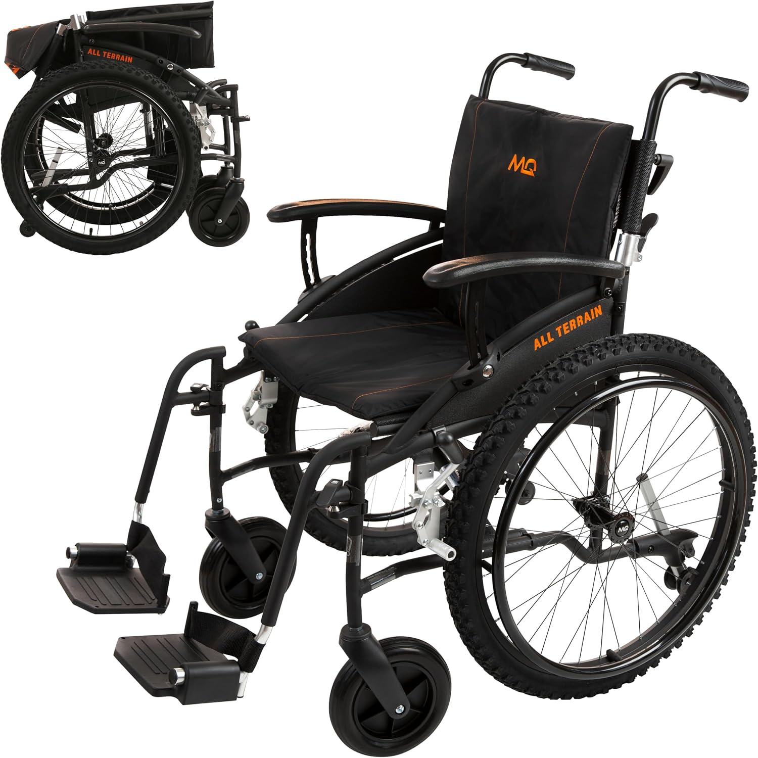 MobiQuip All Terrain Adult Wheelchair, Self-Propelled - 12.5kg Lightweight, Aluminium Frame - Black, Standard 18" Seat - Easy-Fold & Quick Release - 24" Pneumatic Tyres - Customisable Support