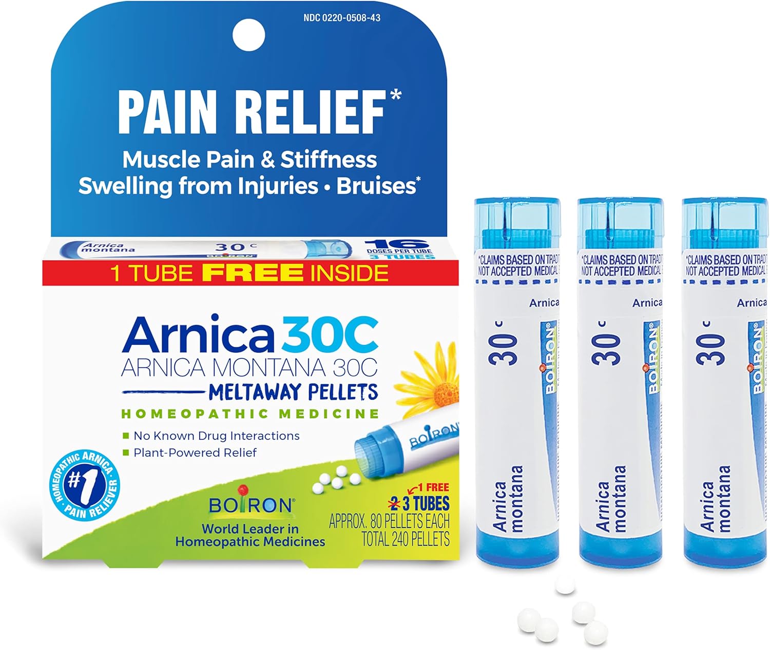 Boiron Arnica Montana 30C Homeopathic Medicine for Relief from Muscle Pain, Muscle Stiffness, Swelling from Injury, and Discoloration from Bruises - 3 Count (240 Pellets)