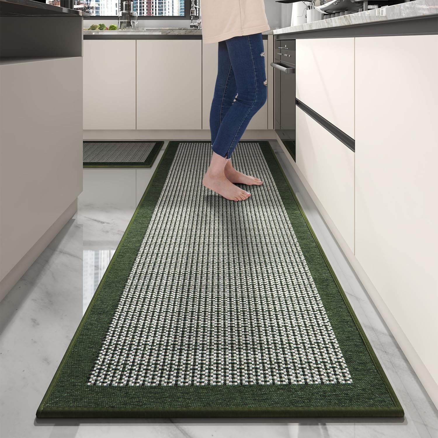 PADOOR Non Slip Kitchen Rugs Sets of 2 - Extra Large 2.5'x6' + 20"x32" Runner Rugs for Kitchen Floor Non Skid Washable, Absorbent Kitchen Mat for in Front of Sink 2 Piece Green
