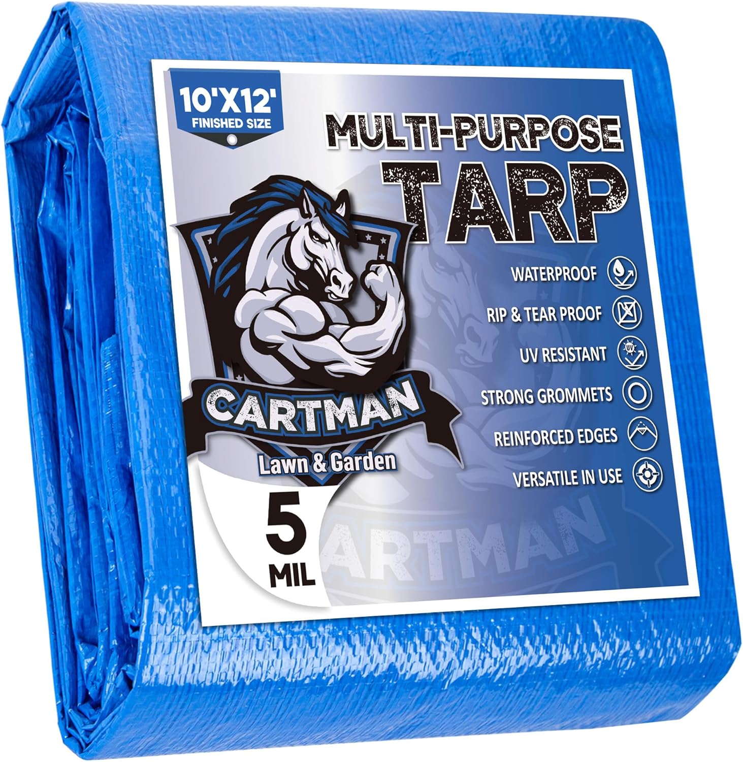 CARTMAN Finished Size 10x12 Feet Blue Poly Tarp 5 Mil Thick, Multipurpose Protective Cover for Camping, Tent, Boat, RV, Car